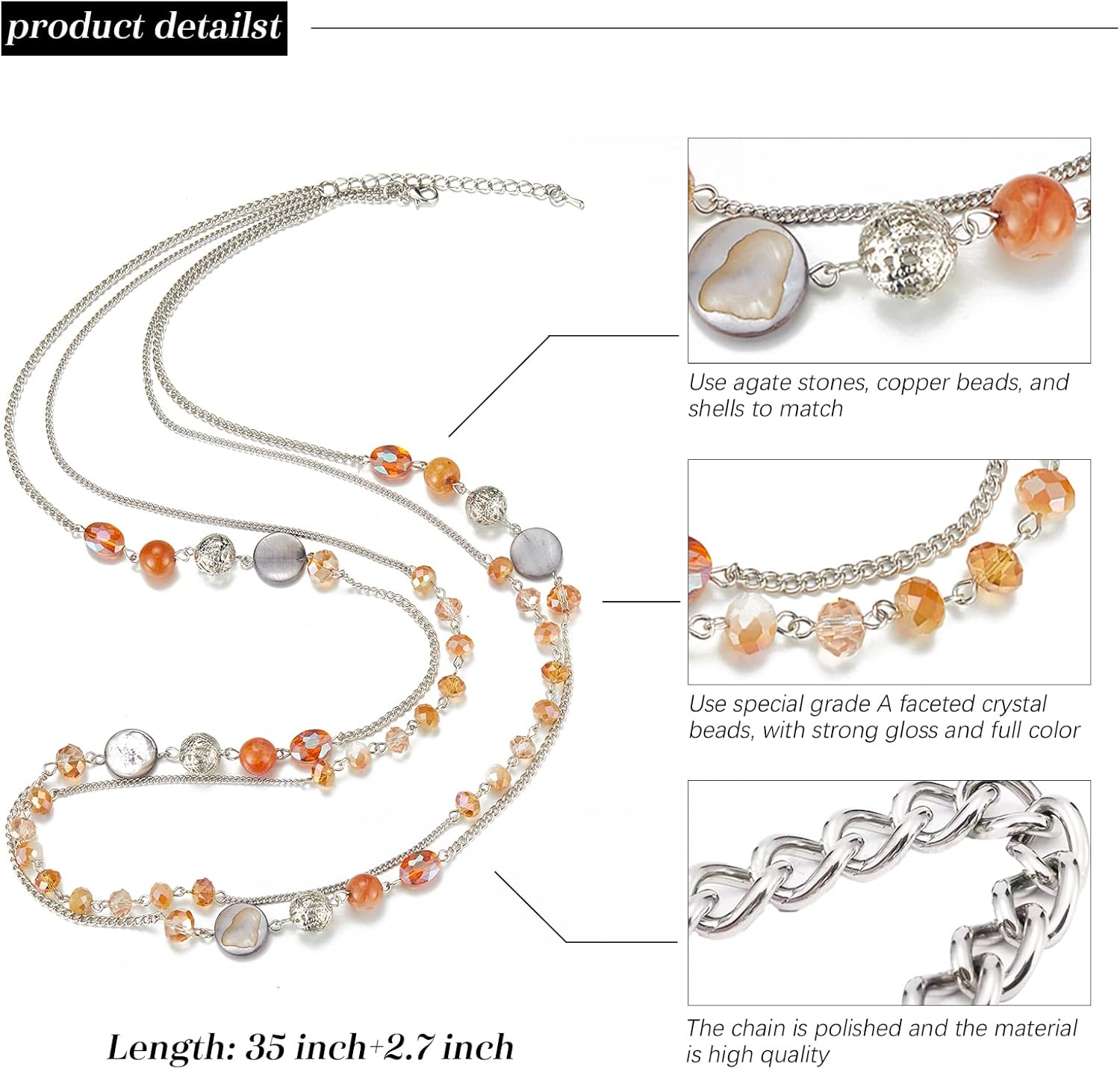 Noessla Layered Long Necklaces for Women Crystal Beaded Statement Necklace Sweater Silver Chain with Gifts Box Jewelry - Image 7