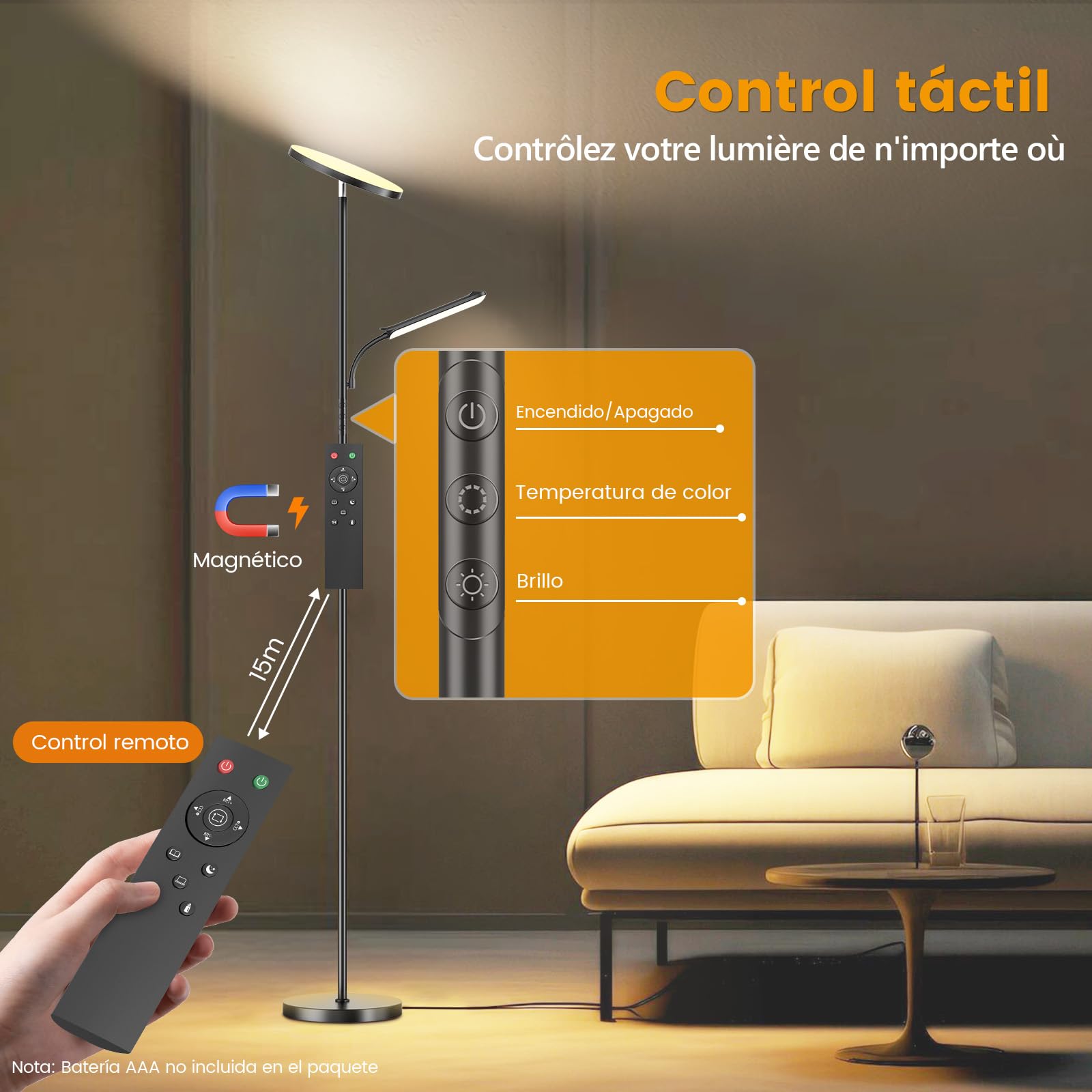 Lámpara de Pie LED Regulable de 42W, Lamparas de Pie Para Salon Superbrillante de 4000 LM Para Sala de Estar Con Luz de Lectura, Ajuste de temperatura de color y brillo (42W)