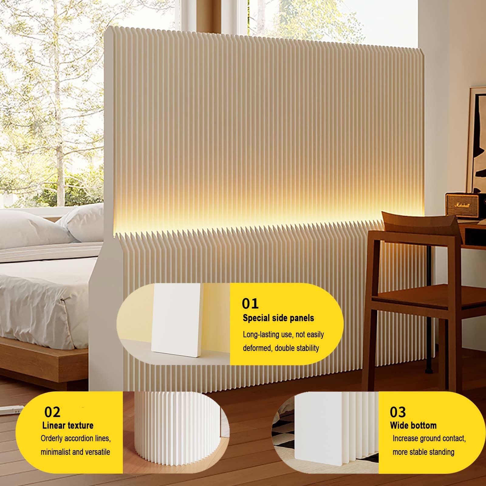 Pantallas de privacidad plegables con estantes de almacenamiento, pantalla de privacidad plegable de papel para interiores con iluminación, divisor de habitación retráctil de papel para separación de