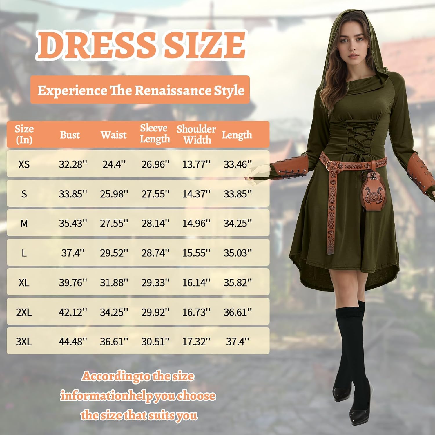 5 Pcs Renaissance Women Costume Medieval Hooded skirt Vintage Arm Guard Printed Belt and Waist bag - Image 5