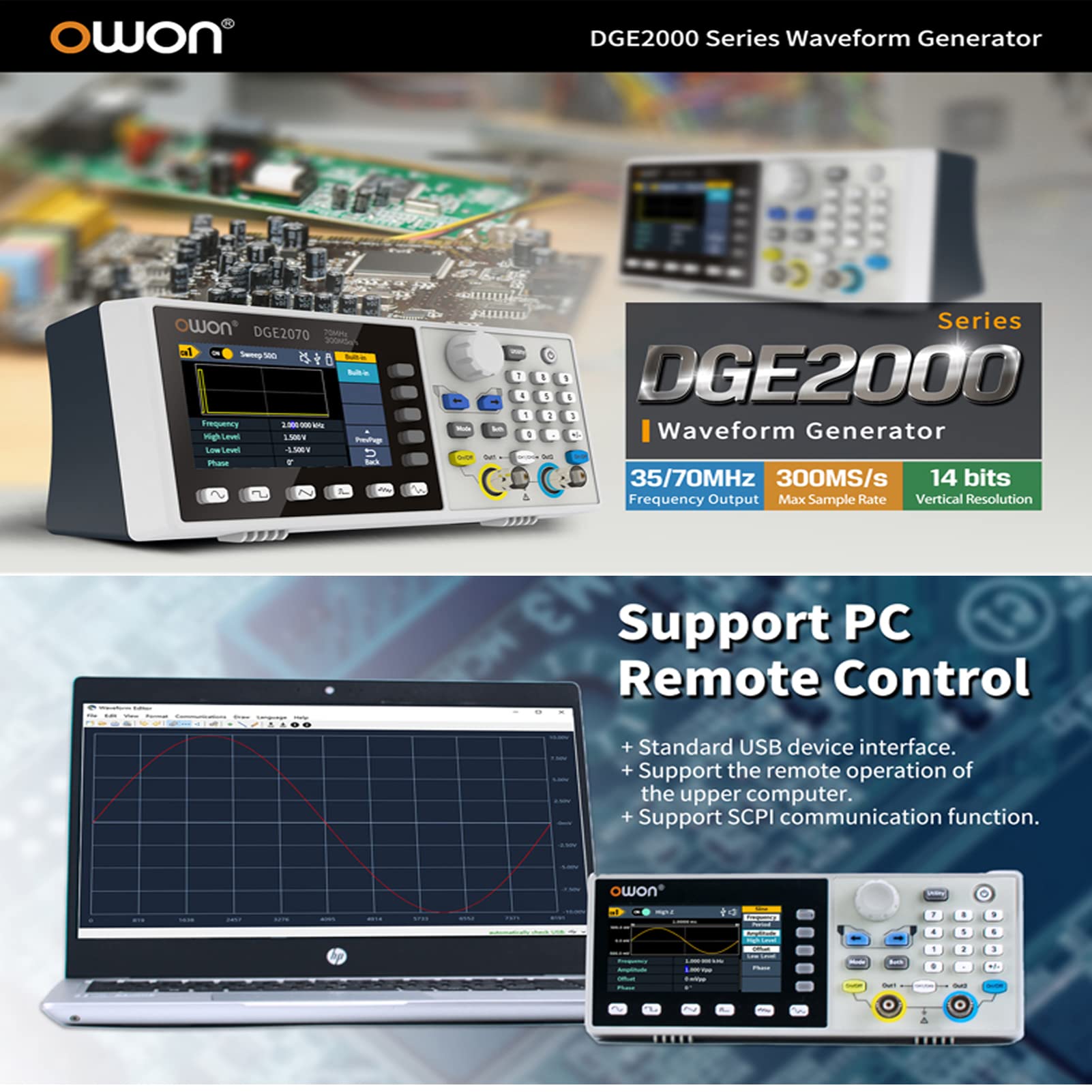 OWON DGE2070 Arbitrary Waveform Generator AWG 14bit vertikale Auflösung 2CH 70MHz 300MSa/s 3,6 Zoll LCD Digital Signal Generator