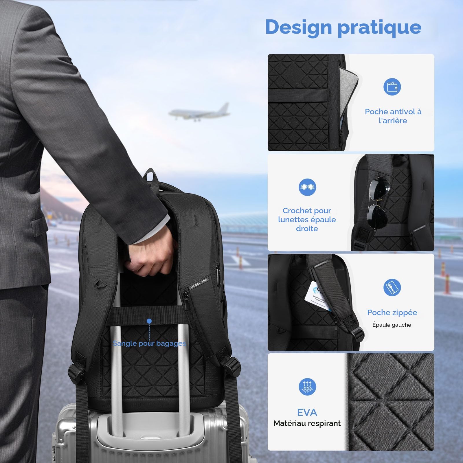 Sac à Dos Homme pour Ordinateur Portable 17,3 Pouces avec Ports USB-C & USB-A, Grande Capacité 24-28L, Étanche, Antivol, Léger pour Bureau, Travail, Université, Quotidien et Voyage - Noir