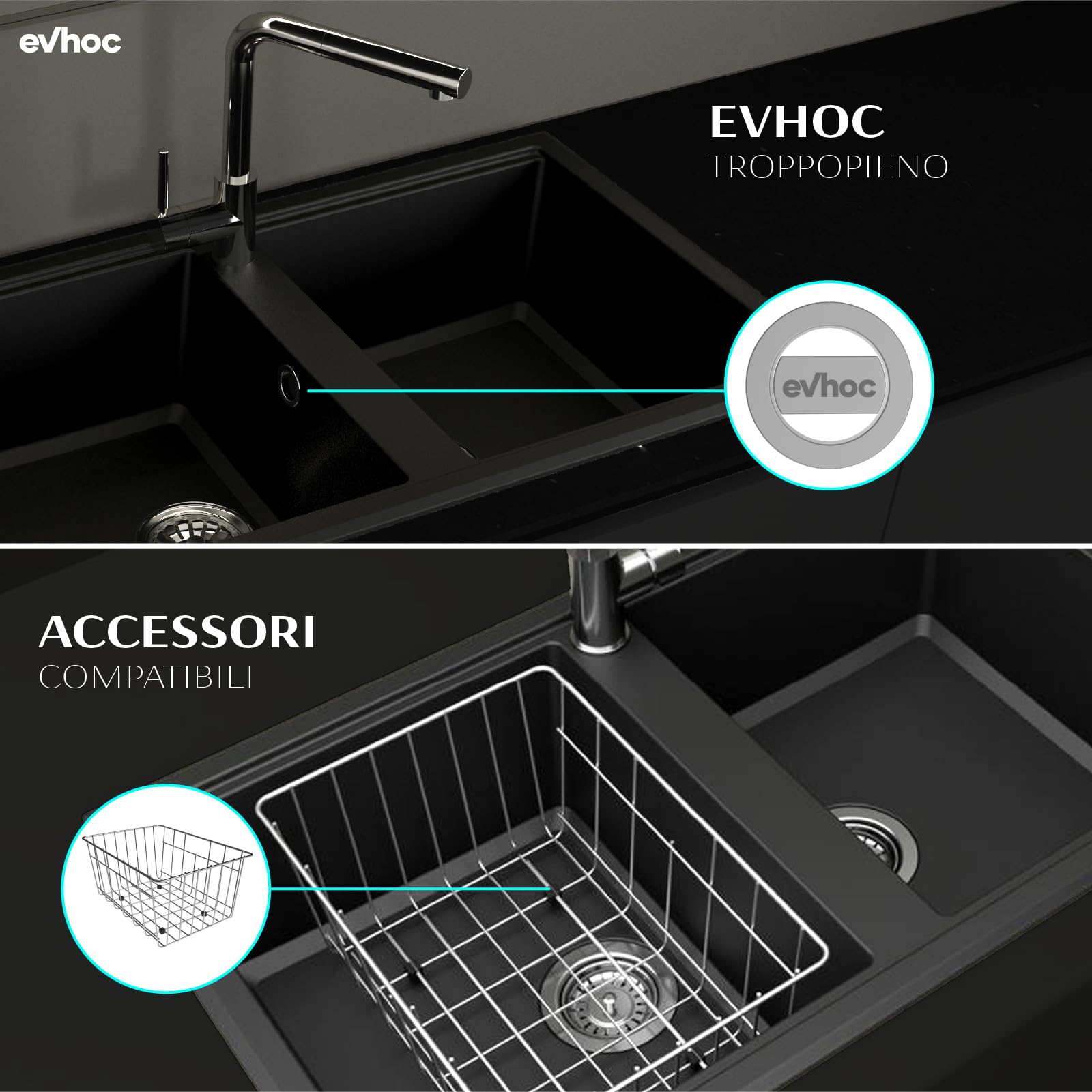 EVHOC Lavello Sopratop 116x50 cm, 2 Vasche con Gocciolatoio, Lavandino Reversibile per Cucina, Piletta Inclusa, Made in Italy, Avena, ADHOC L