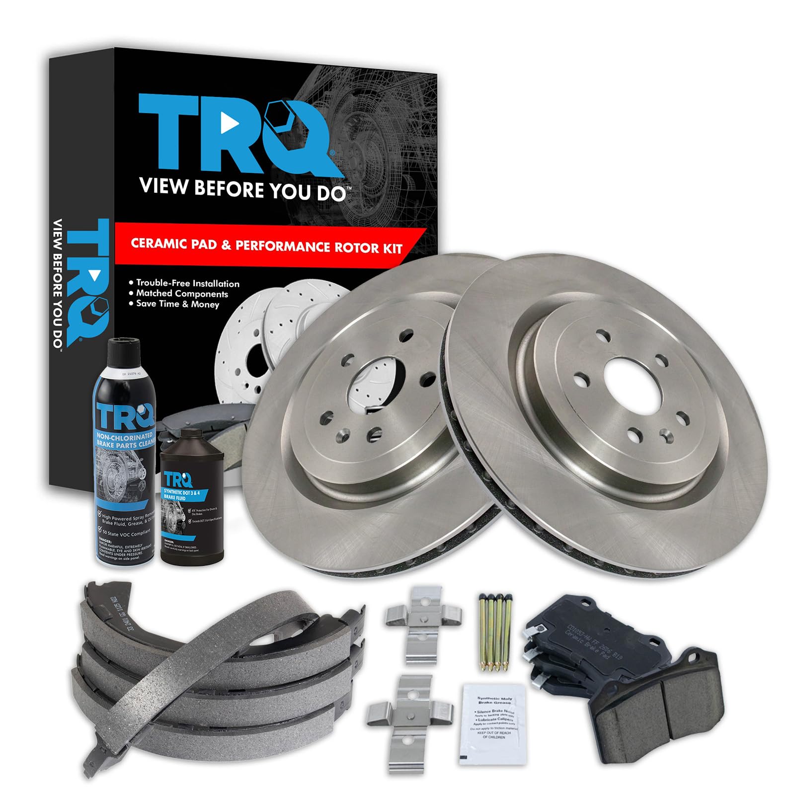 TRQ Rear Brake Pad &amp; Rotor Kit, with Chemical Kit Parking Brake Shoe Set Ceramic Compatible with 2009-2015 Cadillac CTS 2010-2015 Chevrolet Camaro