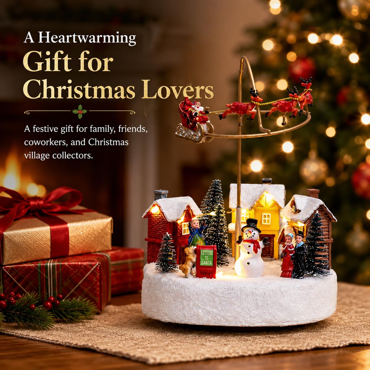 Candieslife Decoración animada de pueblo de Navidad, figura de mesa con diseño de Papá Noel volador y reno en el aire, figura de mesa iluminada de invierno con casas y muñeco de nieve, centro de mesa