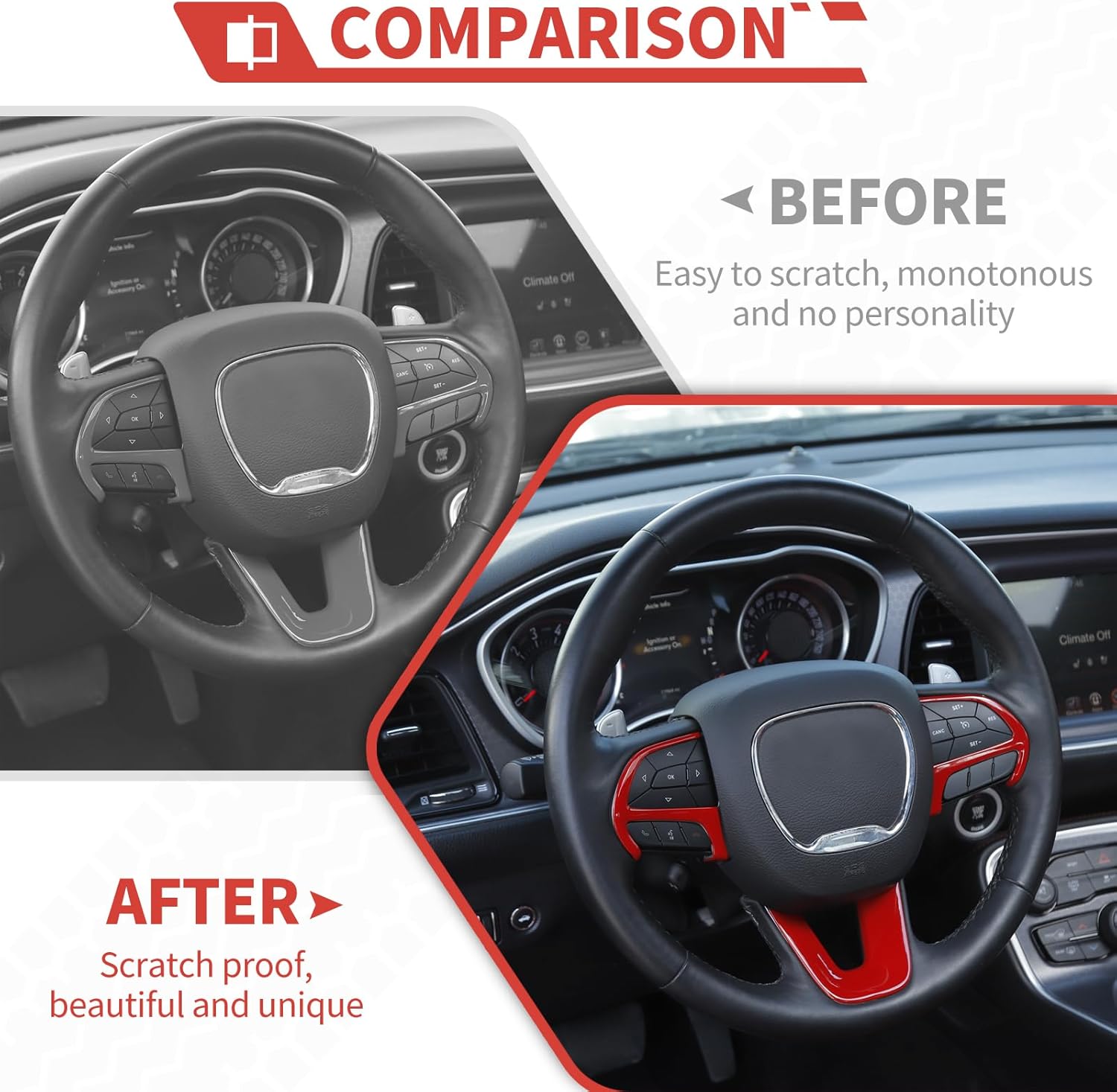 Steering Wheel Shift Paddle Extended Shifter Trim AC Radio Knob Covers Kit fit for Dodge Charger Challenger 2015+ Interior Accessories,Red