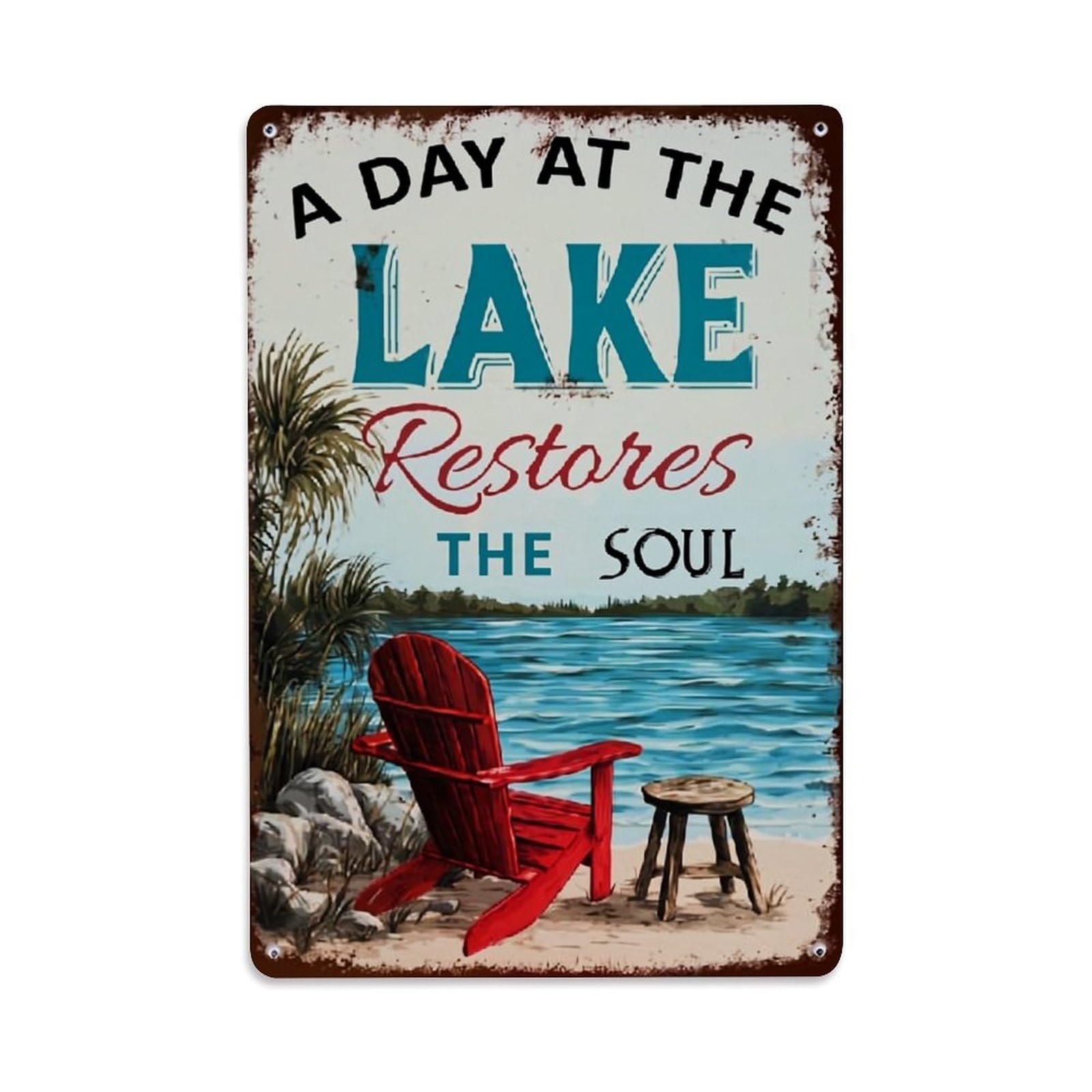 Jdfenggu Vintage Lake Chair And Stool Scene Retro Metal Tin Sign, Decor Art Poster For Bar, Home, Man Cave, Kitchen, Laundry Room Gift 8X12inch