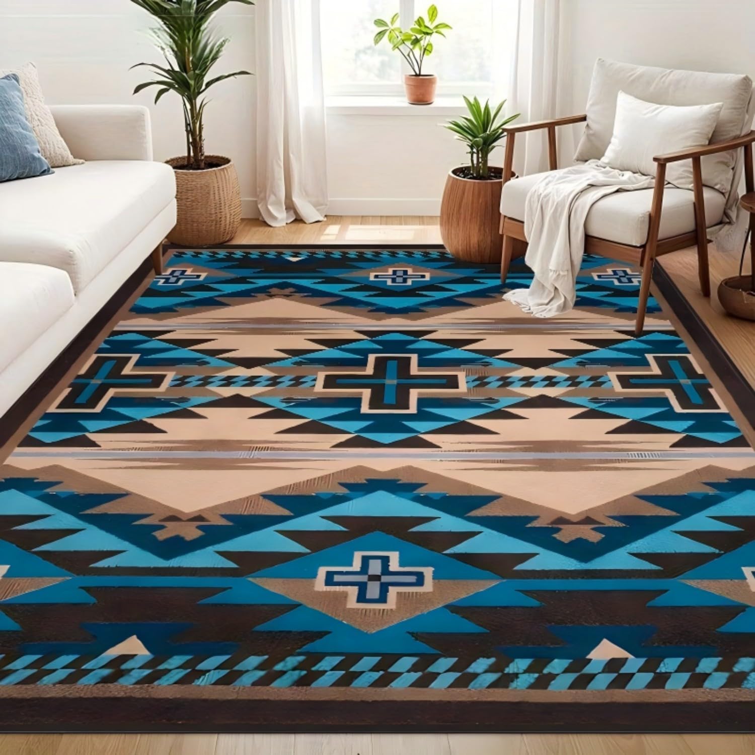 Teal Blue Western Area Rug for Living Room, 60x90cm Large Washable Native American Southwestern Style Lounge Carpet, Low Pile Non-Slip Tribal Geometric Floor Rugs for Bedroom, Sitting Room Decor