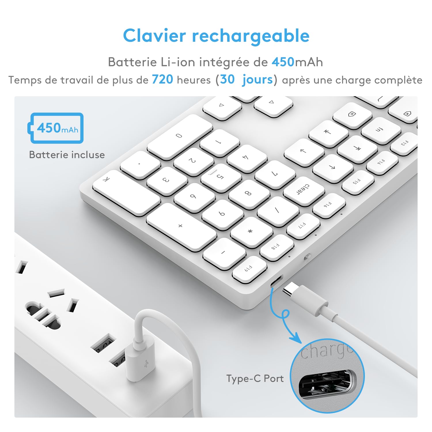 Clavier Bluetooth sans fil pour appareils Mac OS – Disposition AZERTY, Touches ciseaux pour une frappe précise, Batterie rechargeable, 80 jours d'autonomie supplémentaire, Compatible avec iMac/MacBook