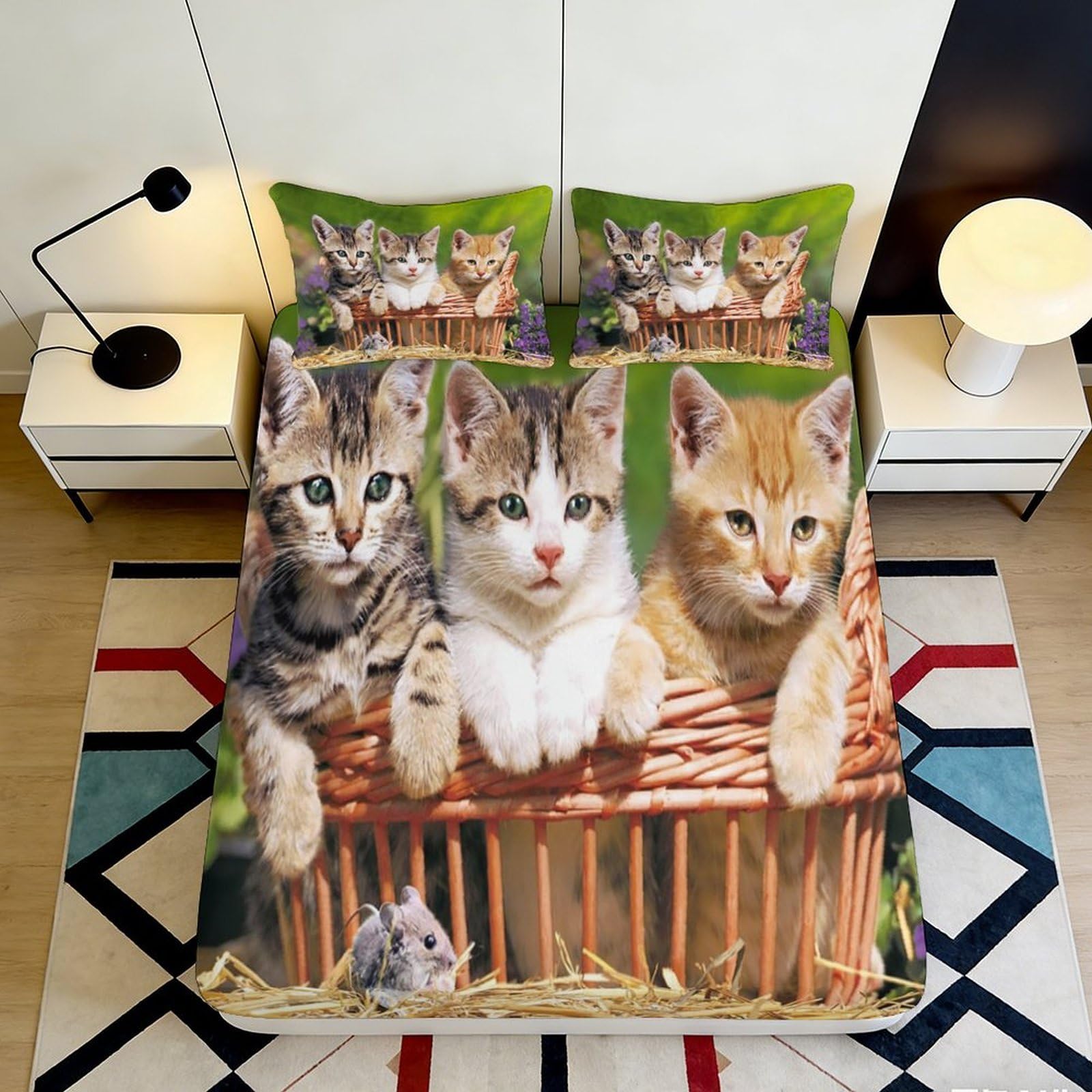 3D Printed Cute Tabby Cat Fitted Sheet Microfiber Soft Breathable Kitten Fence Mattress Cover for Bedroom Guest Room Decor 90x200x25cm