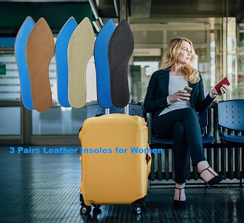 Miniatura 3 de Bellcon 3 pares de plantillas de cuero para mujer, tacones altos, plantillas de cuero negro, marrón y beige, plantillas de cuero para zapatos de