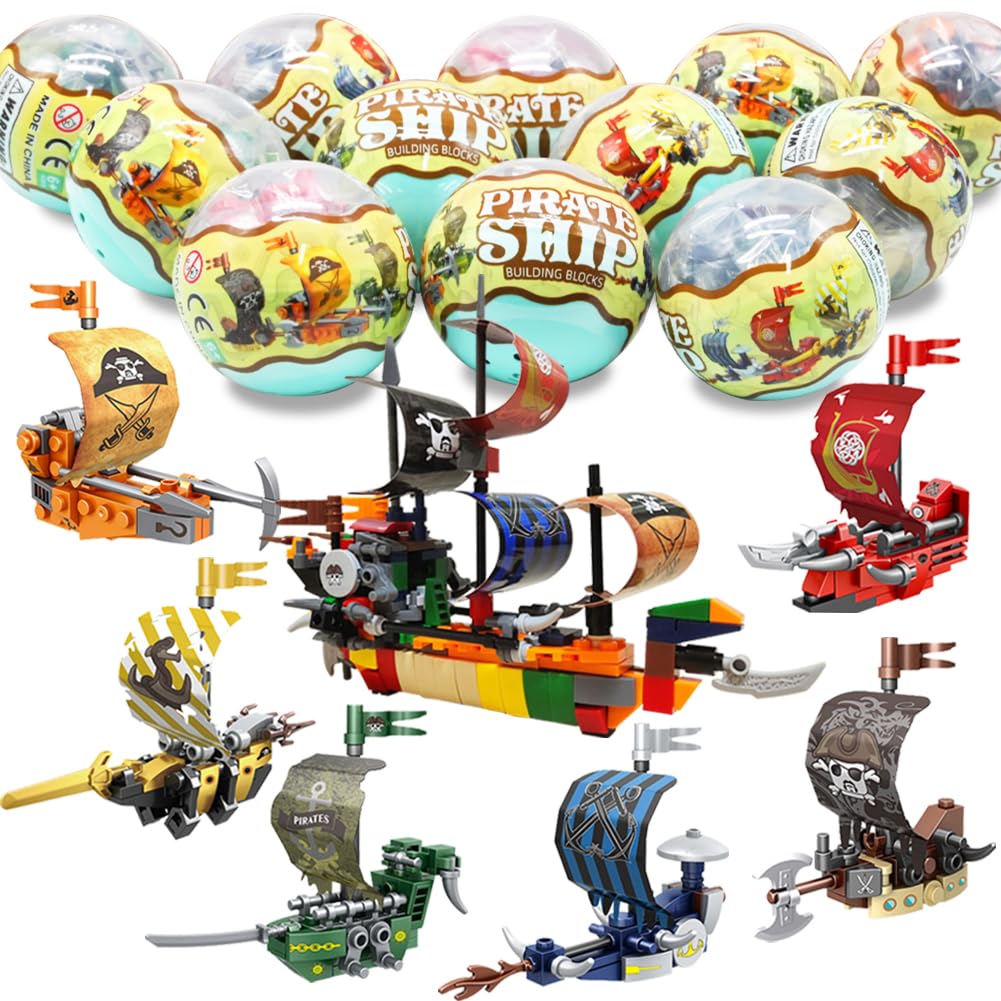 WODMAZ 12PCS PreFilled Easter Eggs with Pirate Ship Building Blocks, Pirate Ship Toys Set for Kids Ages 3-12, Easter Basket Stuffers, Classroom Prizes