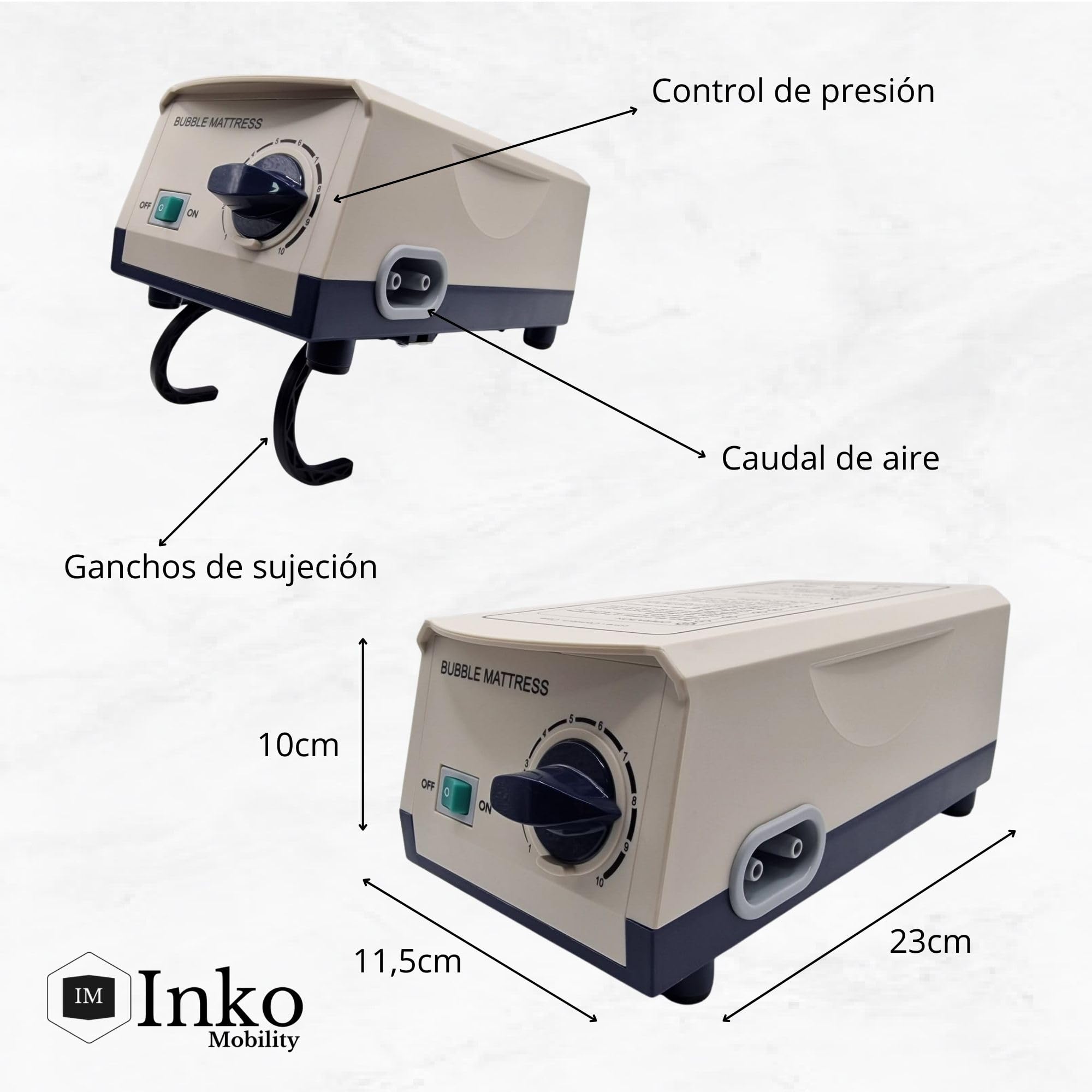 INKO Colchón antiescaras de Aire alternante, Modelo CA01, COMPRESOR SILENCIOSO,PVC médico, para escaras Grado I, Peso soportado 130kg, Medidas 200 x 90 x 7, 130 Celdas - Marca española