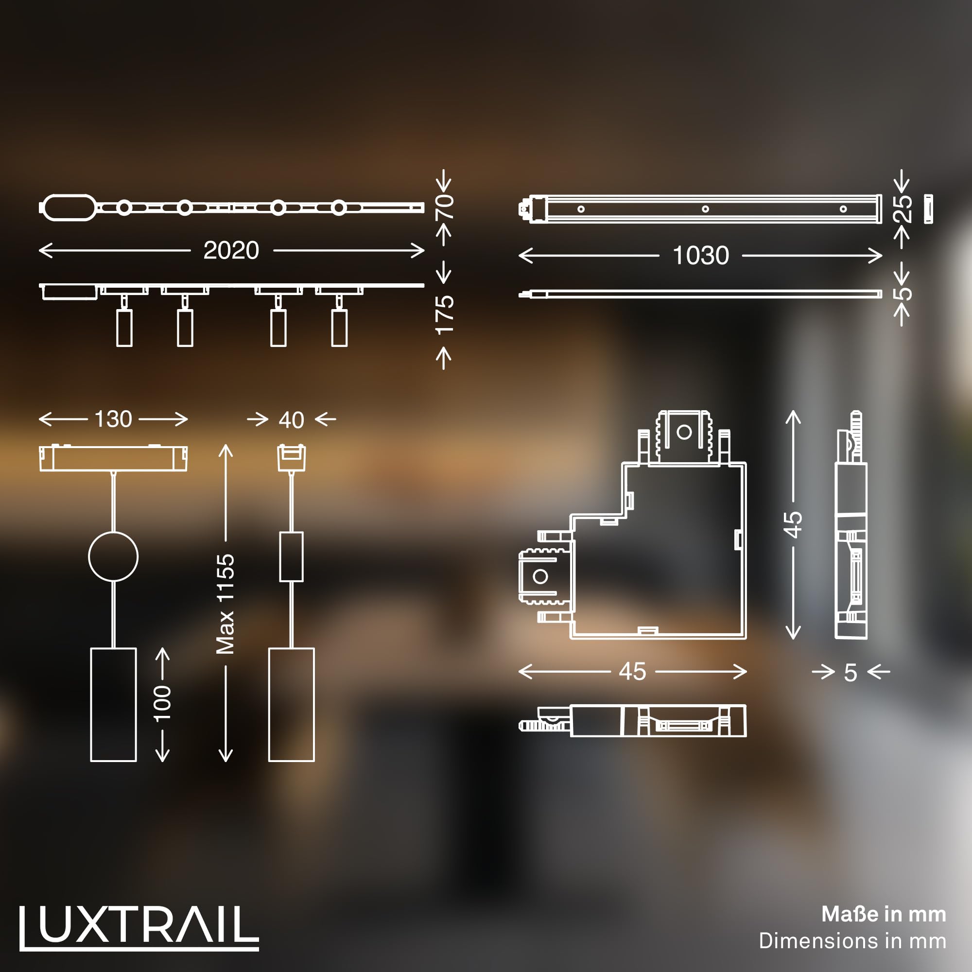 BRILONER - Système de rail Luxtrail set complet, 4x spots LED, 2x suspensions LED réglables en hauteur, forme L, lampes, système de rail lumineux pour plafond, rail de spots, plafonnier, 3m, noir