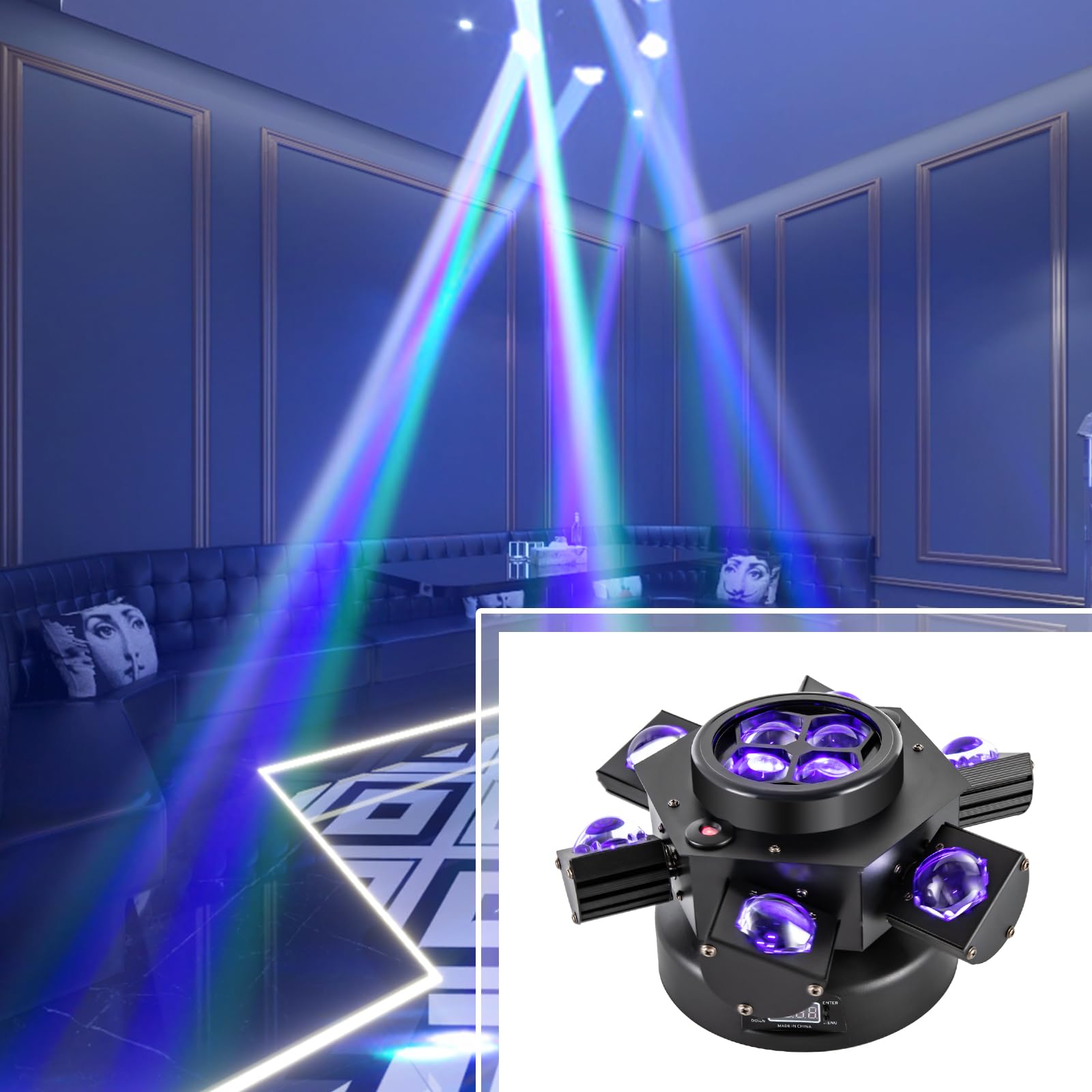 150W Moving Head Licht Partylicht Scheinwerfer RGBW LED Strahler Bühnenlicht mit 512 Soundaktivierter Lichteffekt mit 6 Lichtarmen für Weihnachten DJ Bar Geburtstag Disco Hochzeit