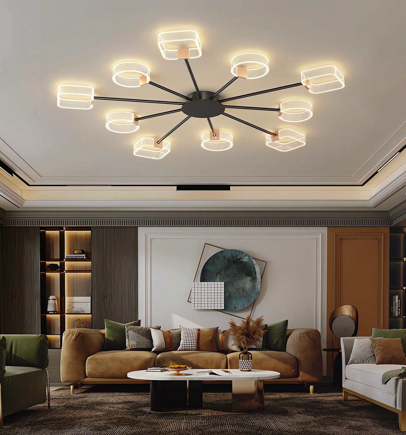 Moderne LED-Deckenleuchte Wohnzimmer Dimmbare Deckenbeleuchtung 10 Kopf Acryl Deckenleuchten mit Fernbedienung Büro Deckenlampe für Esszimmer Schlafzimmer Küche Kronleuchter (Schwarz 10 Köpfe Φ116cm)