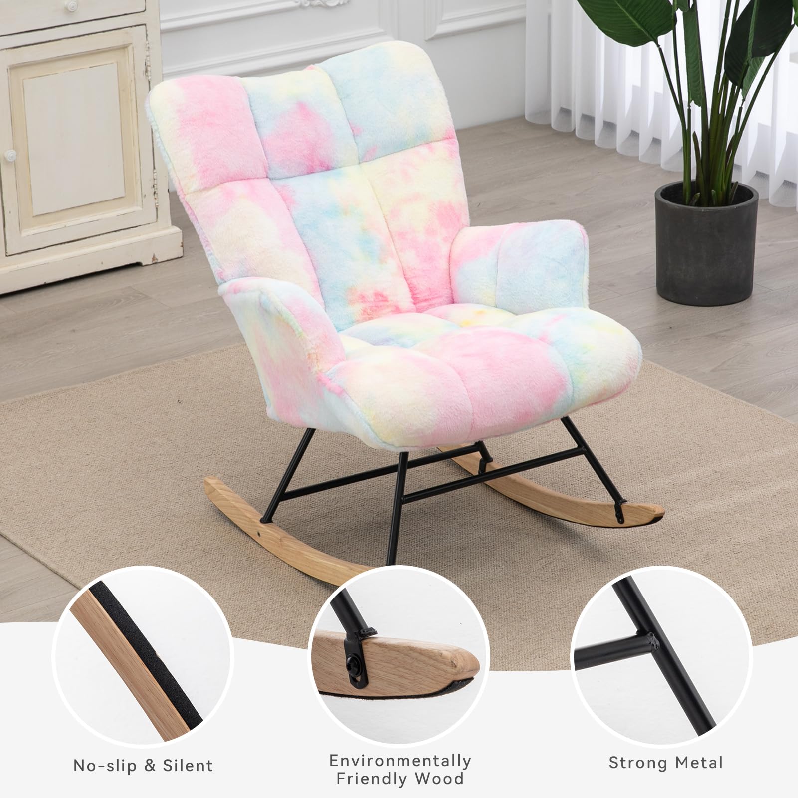 Aunekiv Rocking Chair for Nursery Teddy Upholstered Glider Nursing Chair for Adults Comfy Rocking Armchair Indoor for Living Room Bedroom,Colorful - Image 4