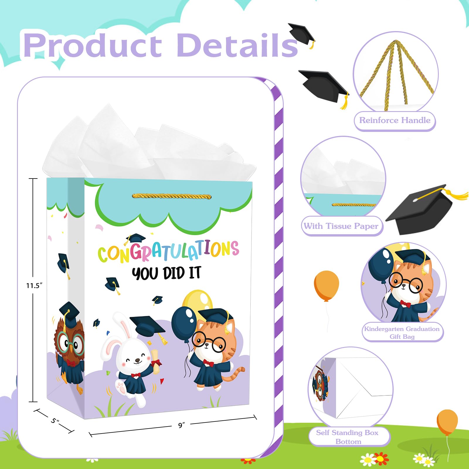 PETCEE Kindergarten Graduation Gift Bags - Congratulations Pre-K Preschool Graduation Gifts for Boys Girls You Did It Kindergarten Paper Gift Bags with Tissue Paper for Kids Daughter Son Graduates