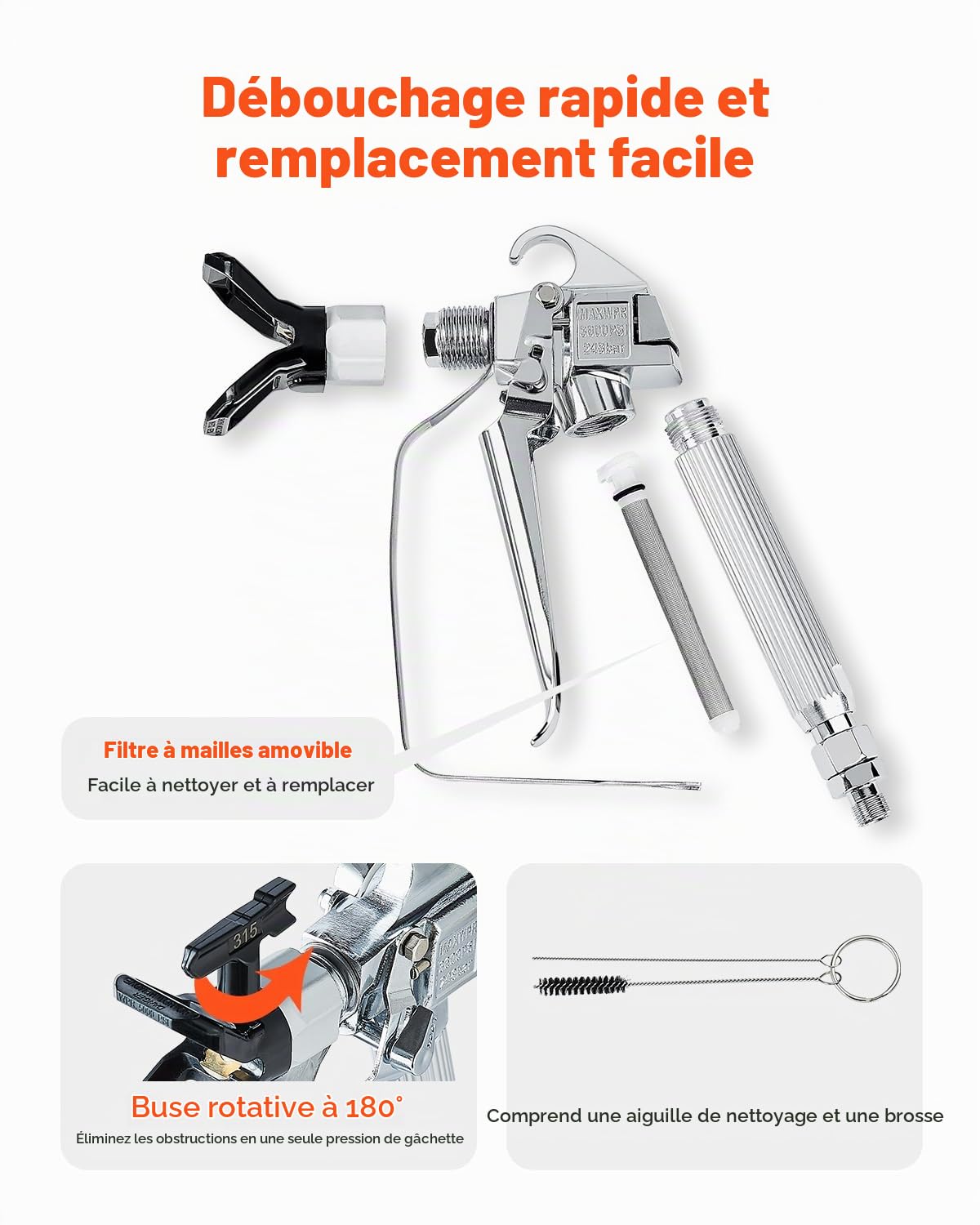 VEVOR Pistolet pulvérisateur de Peinture sans air, Haute Pression 248 Bar, avec 5 Embouts, kit à Joint pivotant, avec filtres, Aiguille de Nettoyage et Brosse, pour Machine de pulvérisation sans air