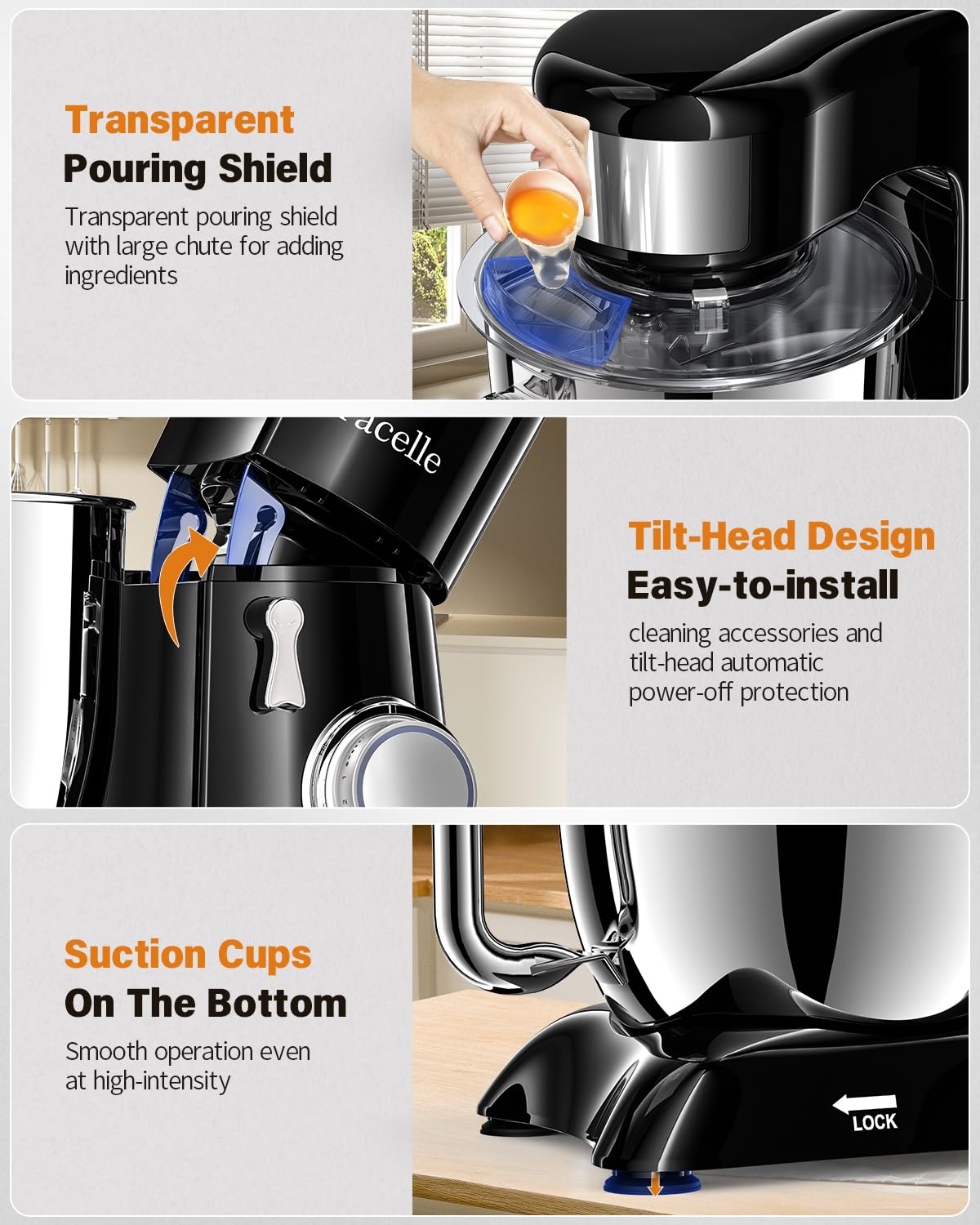 Facelle Robot Patissier, Bol 6,5L en Acier Inoxydable, 1300W Puissant, 10 Vitesses Robot Cuisine, Mixeurs, Batteurs et Robots Multifonctions