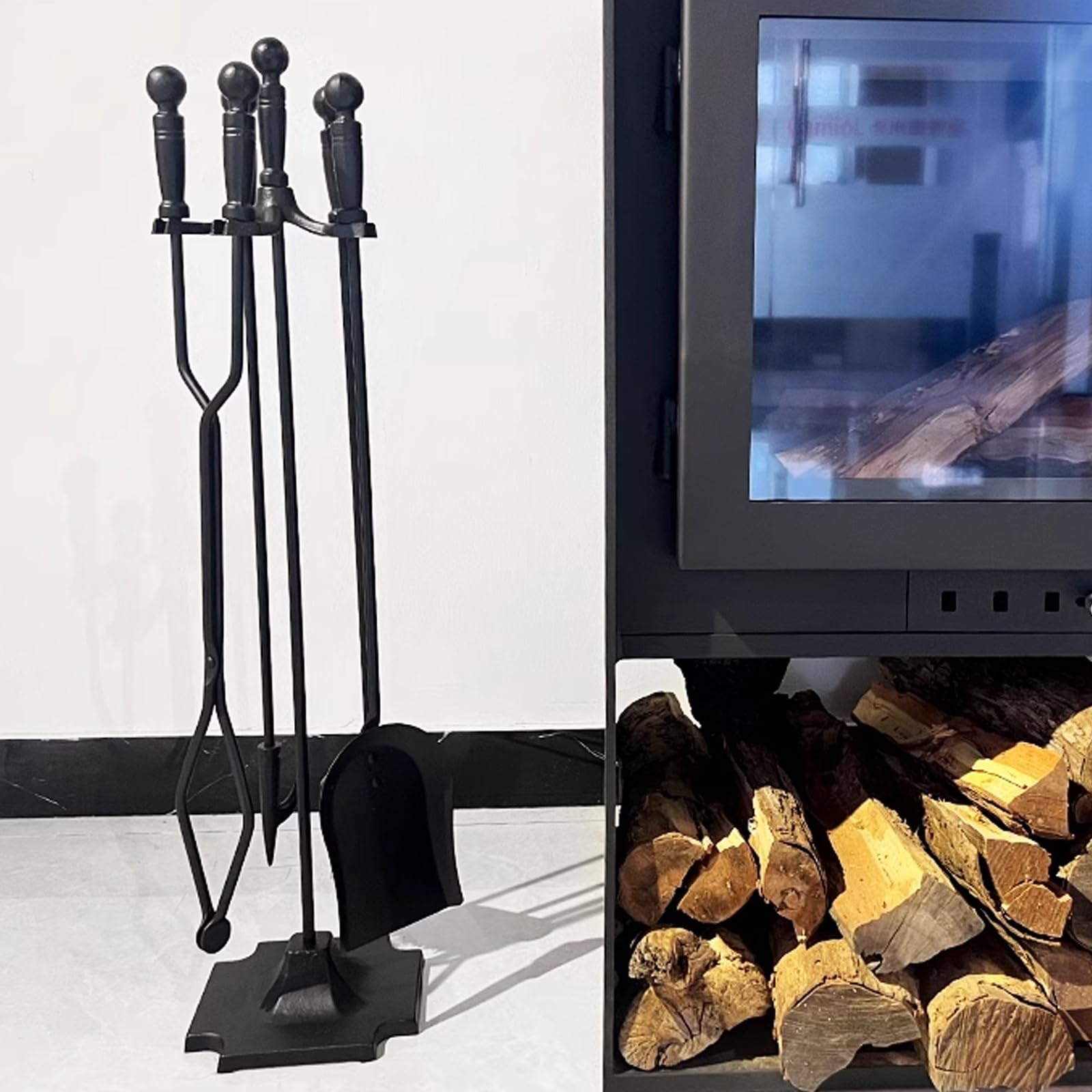 Set di attrezzi per caminetto con base di supporto, kit di accessori per camino, con spazzola, pala, pinza e attizzatoio in ferro battuto, con rastrelliera per camini grandi