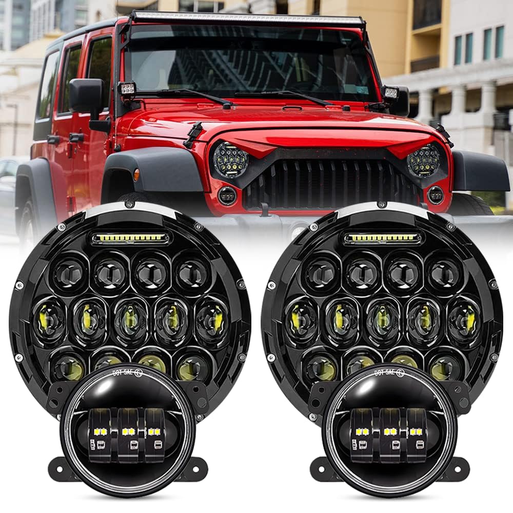 JHLion wrangler headlights（Black）+ Fog lights 1000% Brighter LED lights for Wrangler JK/TJ/LJ 1997-2020