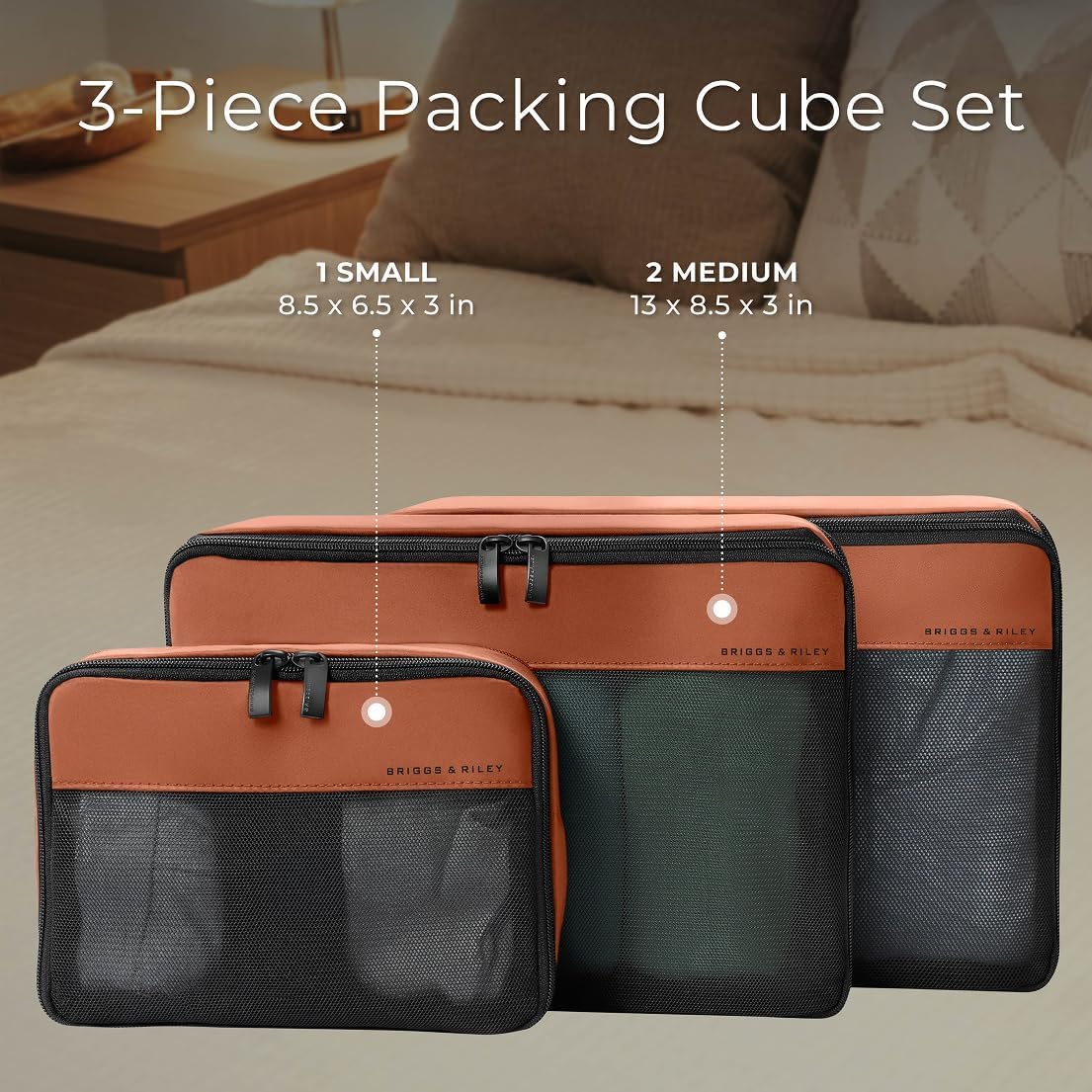 Briggs & Riley Carry On - Set di cubi per imballaggio a compressione, organizer per valigie e bagagli, per donne e uomini, accessori per le vacanze, 3 pezzi, Canyon
