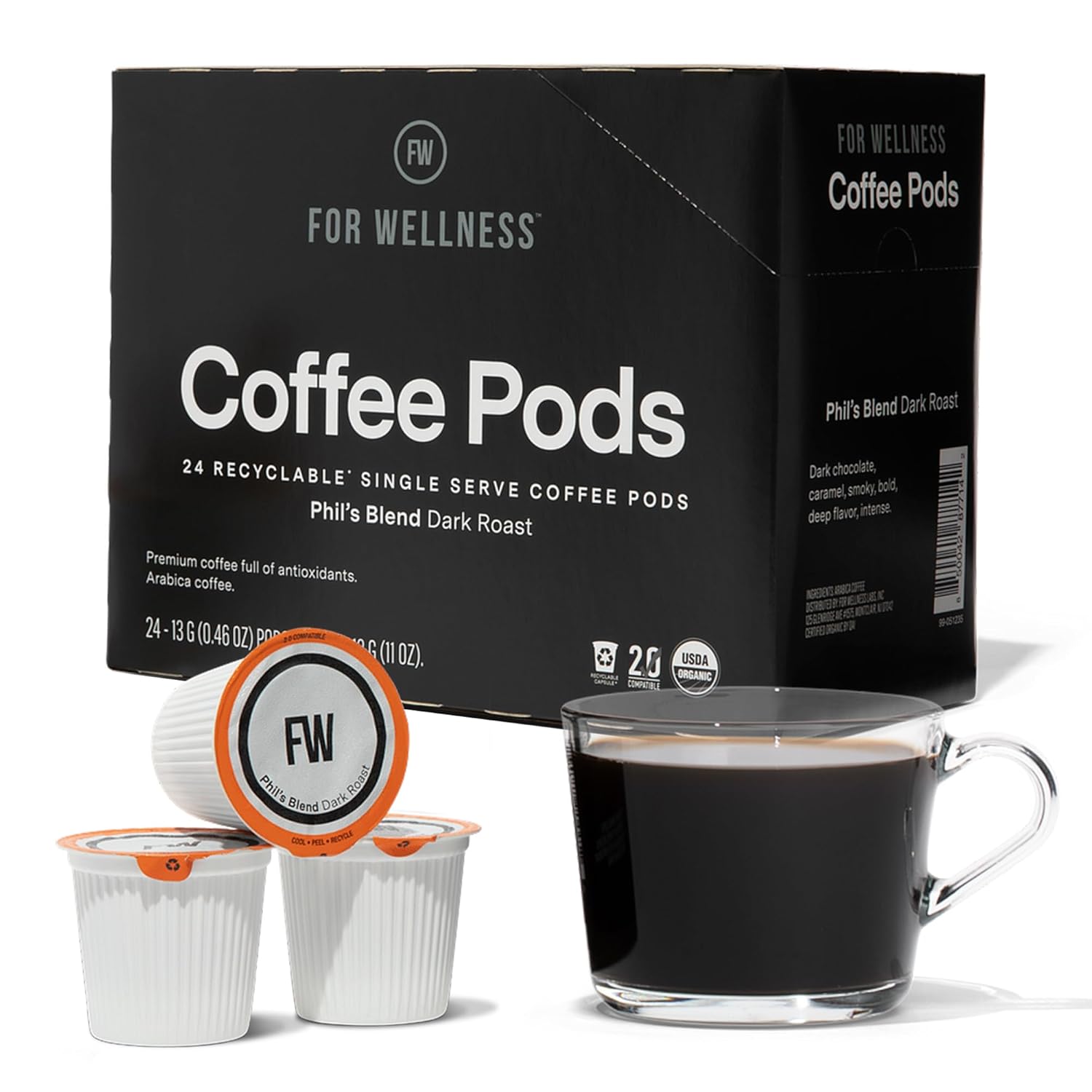For Wellness Arabica Coffee Pods (24 Pods, Dark Roast) – Pair With The Good Stuff to Supercharge Your Coffee
