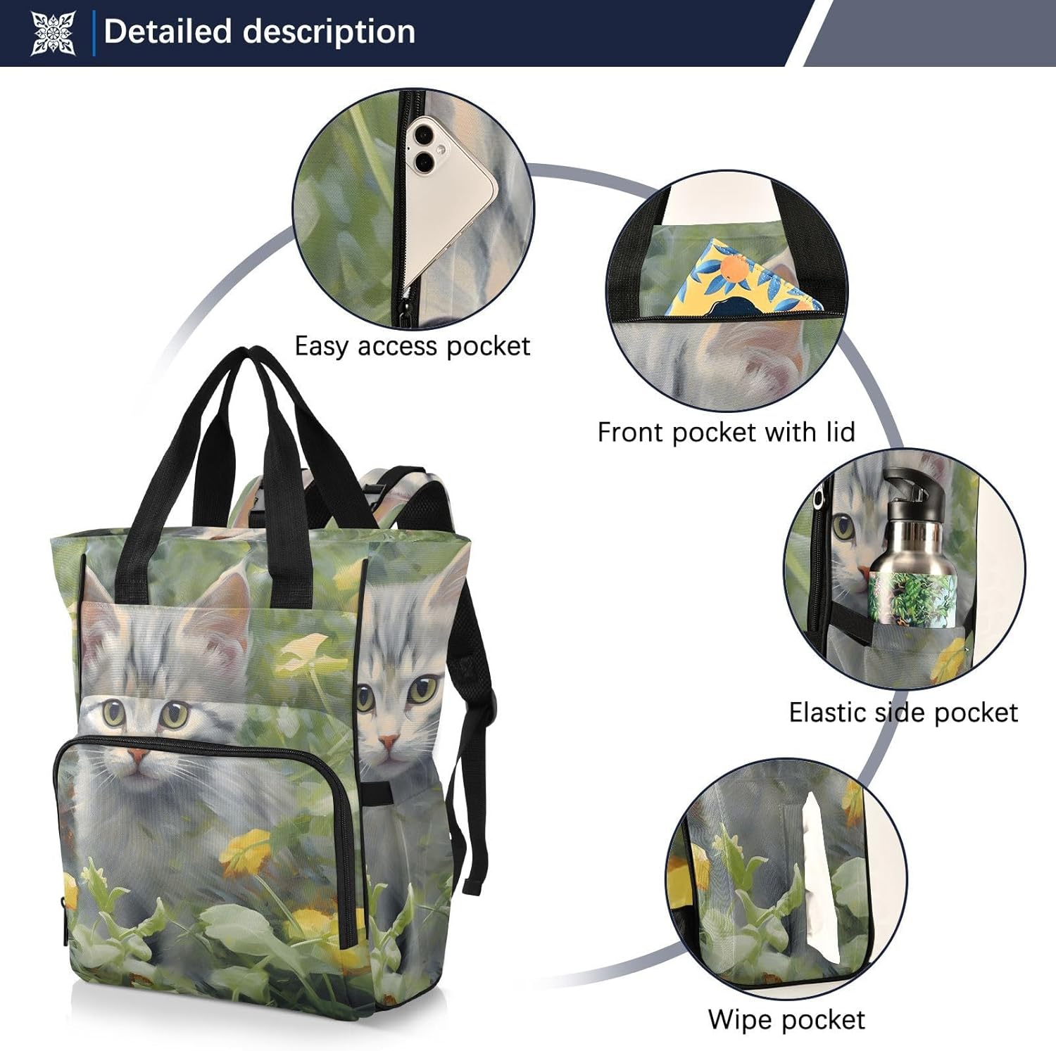 Diaper Backpack Small Cat Print with Insulated Feeding Bottle Insert, Large Baby Changing Bag with Stroller Straps 11.02×5.91×15.3 IN
