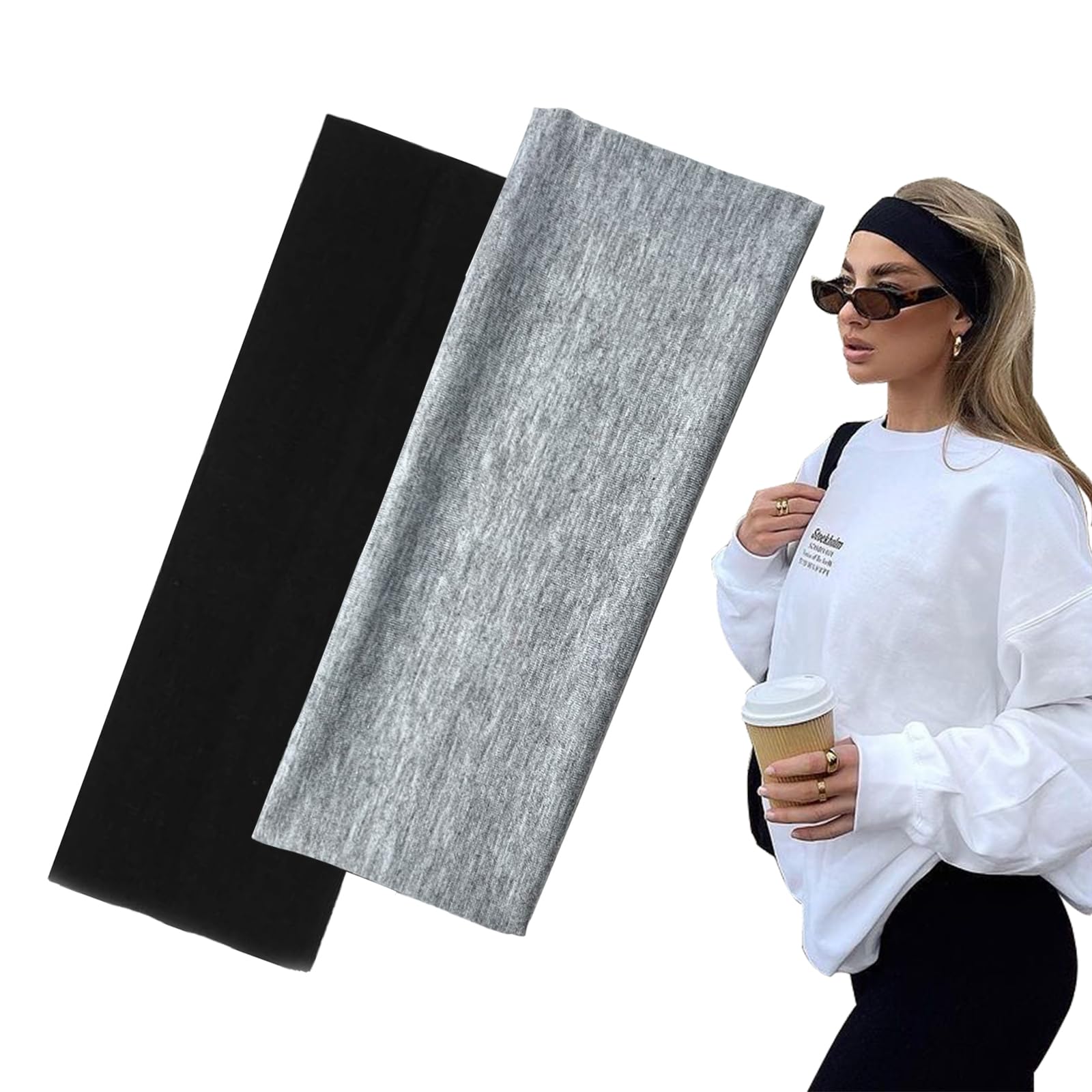 7cm Wide Black Headbands for Women Men, Yedtreg 2pack Fashion Head Bands for Women's Hair, Soft Fabric Stretchy Hair Bands for Makeup, Yoga, Running, Sports (Black/White) — view 12