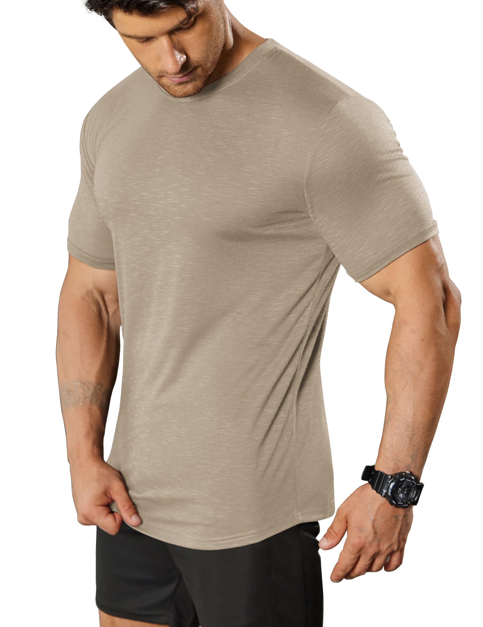 COOFANDY Rundhals T Shirt Herren Sommer Funktionsshirt Kurzarm Gym Fitness Sport Shirt für Männer Slim Fit Muscle Sportshirt Khaki M