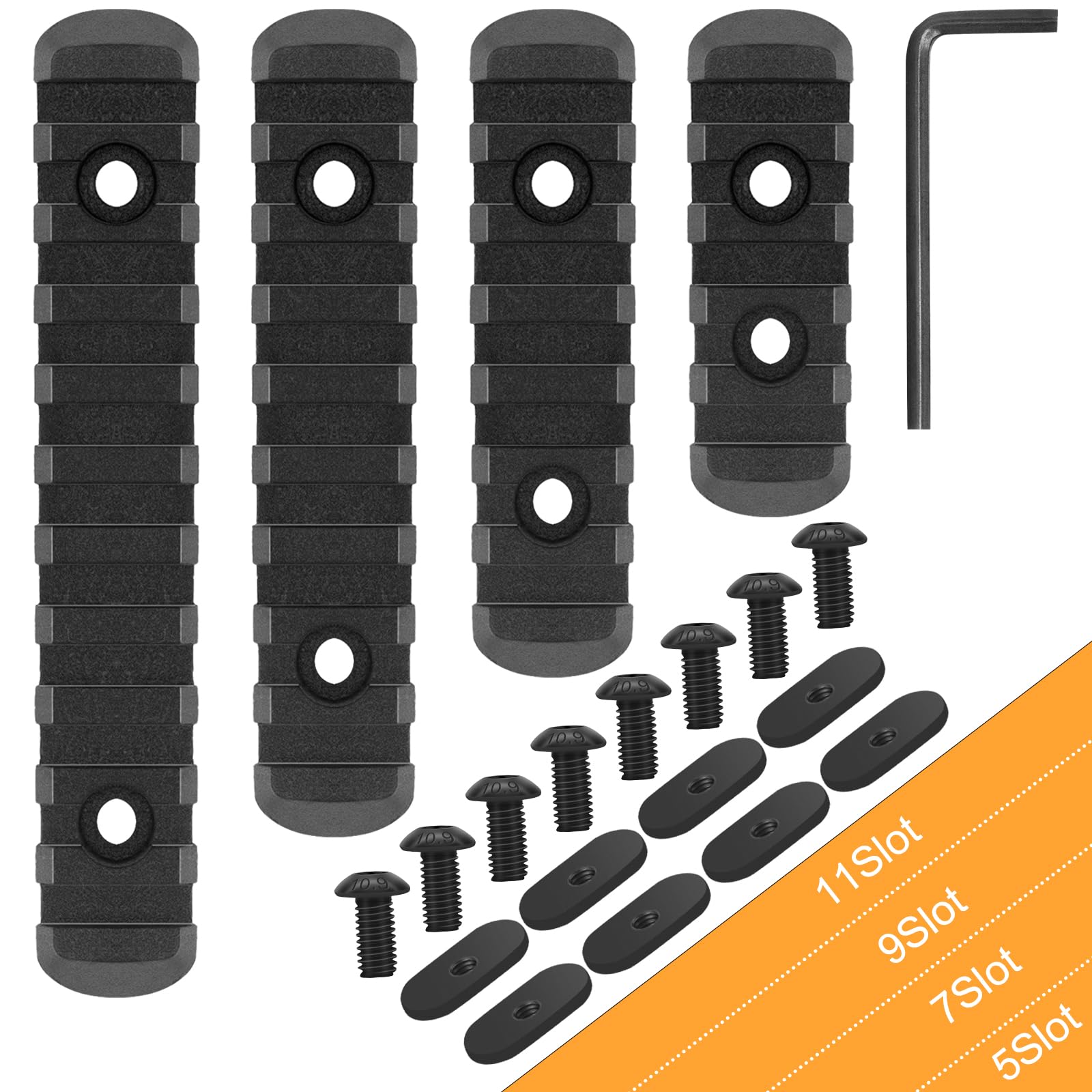 QR-Laser Single Picatinny Accessory Rail Set for Mlok 5 7 9 11 Slots with 8 O-Nuts & Screws, 1 Allen Wrench-Rounded Corner