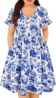 Plus Size Dresses for Curvy Women V Neck Short Sleeve Dresses Floral/Striped Summer Boho Dresses with Pocket XL-5XL