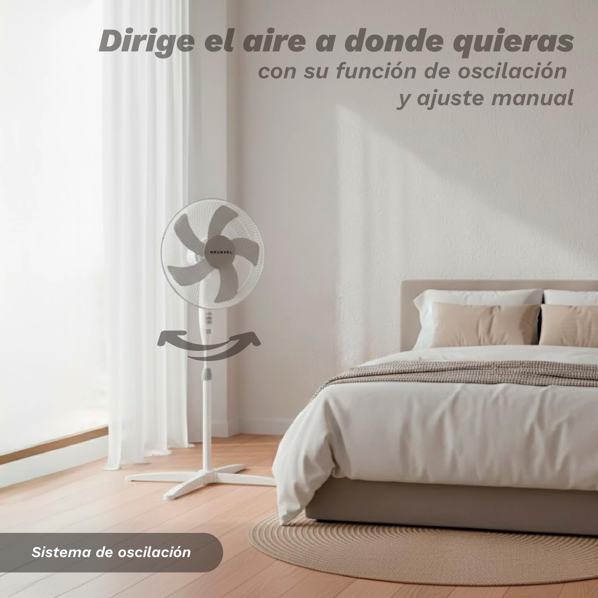 Grunkel Ventilador de Pie FAN-165 de 50W- 16" 40cm de diametro con 3 Velocidades y 5 aspas, Altura Regulable hasta 118cm. Cabezal inclinable, oscilación 90° y cable de 1,4m - 50W (Blanco)