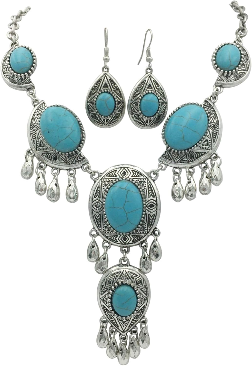 Gypsy Jewels Western Tribal Style Drop Large Chunky Statement Silver Tone Chain Necklace & Dangle Earrings Set