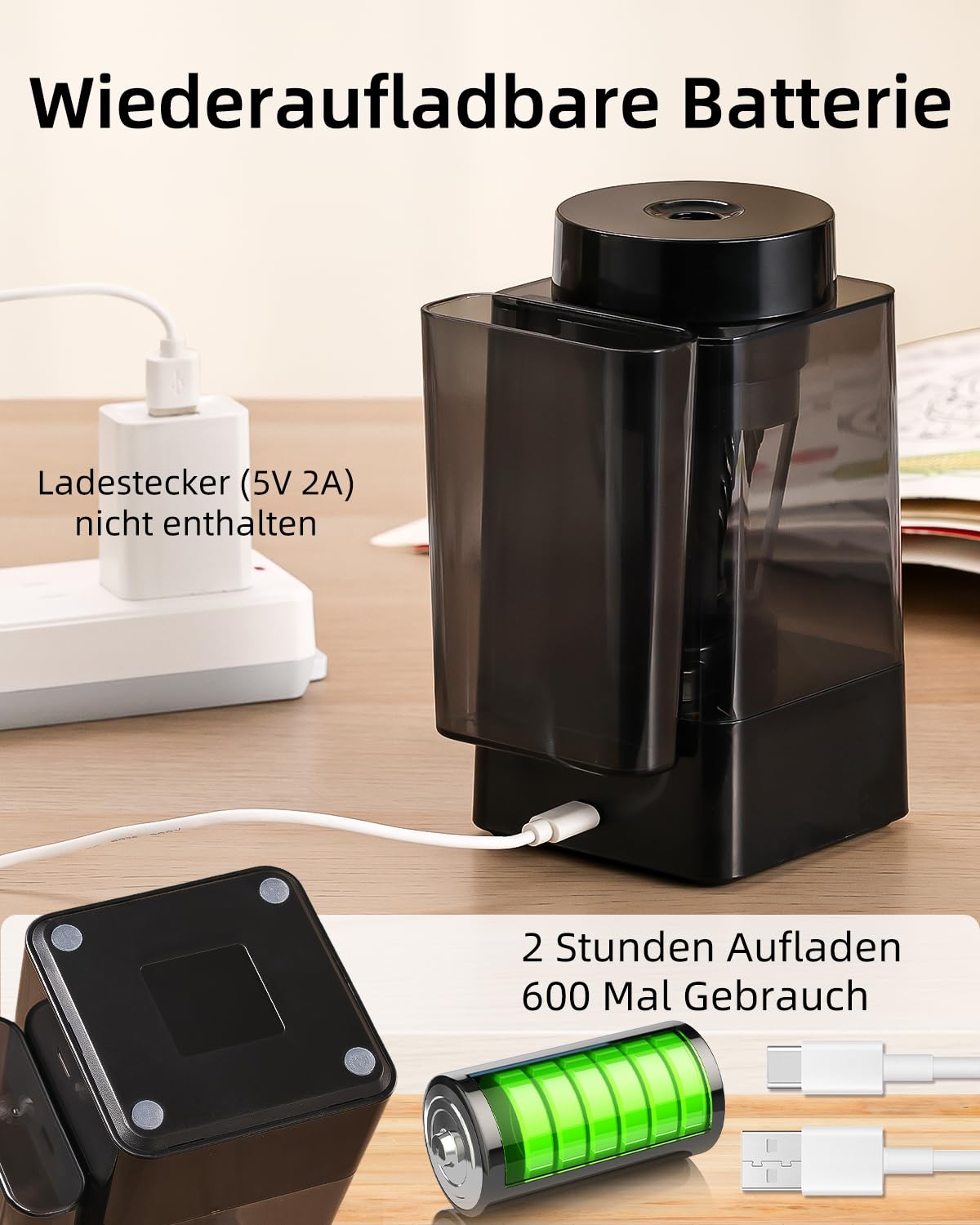ZMOL Vollautomatischer Elektrischer Anspitzer für dicke und dünne Stifte, Handsfree & Auto-Stopp, USB-C Wiederaufladbar, Spitzer Elektrisch mit Behälter, für Kinder, 6–12mm, Schule/Büro/Haus