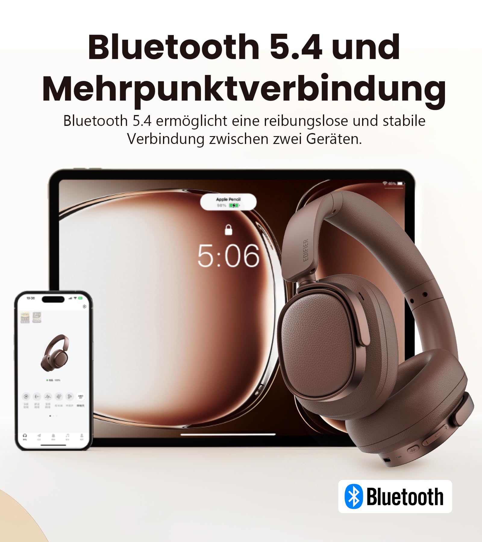Edifier ES850NB Kabellose Over-Ear-Kopfhörer mit Geräuschunterdrückung, Hi-Res Audio Wireless, LDAC, 92h Spielzeit, Bluetooth 5.4 & Multipoint, KI-Anrufgeräuschreduzierung, Faltbar – Braun