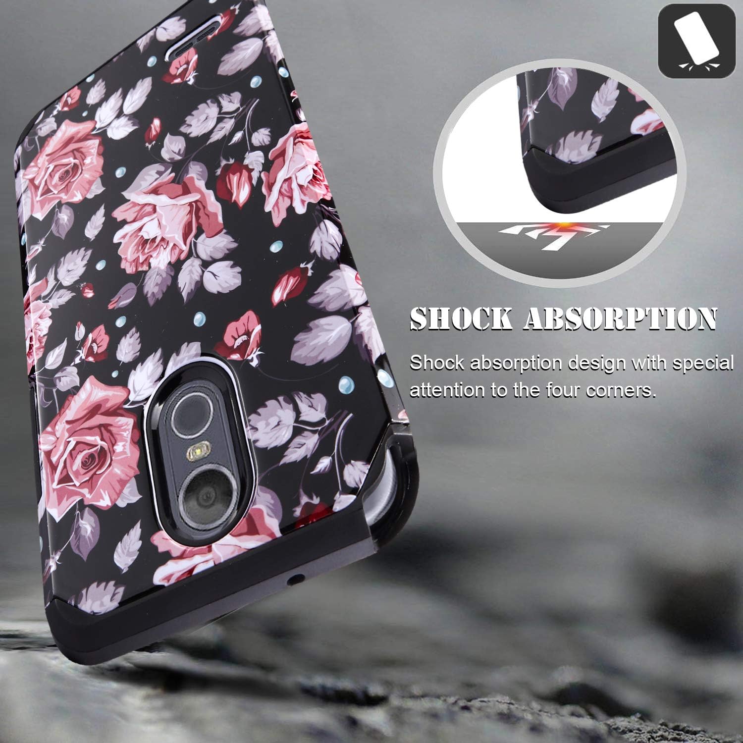 Starshop Shock Absorption Drop Protection Case Compatible For LG Stylo 3, LG Stylo 3 Plus, With [Premium Screen Protector Included], Dual Layers Impact Advanced Rugged Protective Cover - Pink Rose