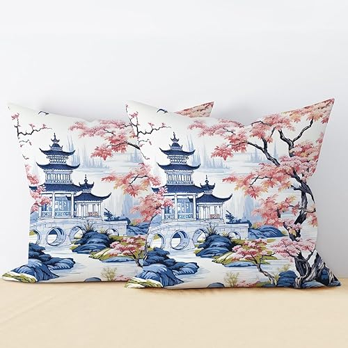 Miniatura 3 de Zyadsinoudor Set of 2 Throw Pillowcase Chinoiserie Pagoda Pillowcase Dynasty 20x20in Decorative Pillow Home Cotton Linen Elegant Pillow Cover for