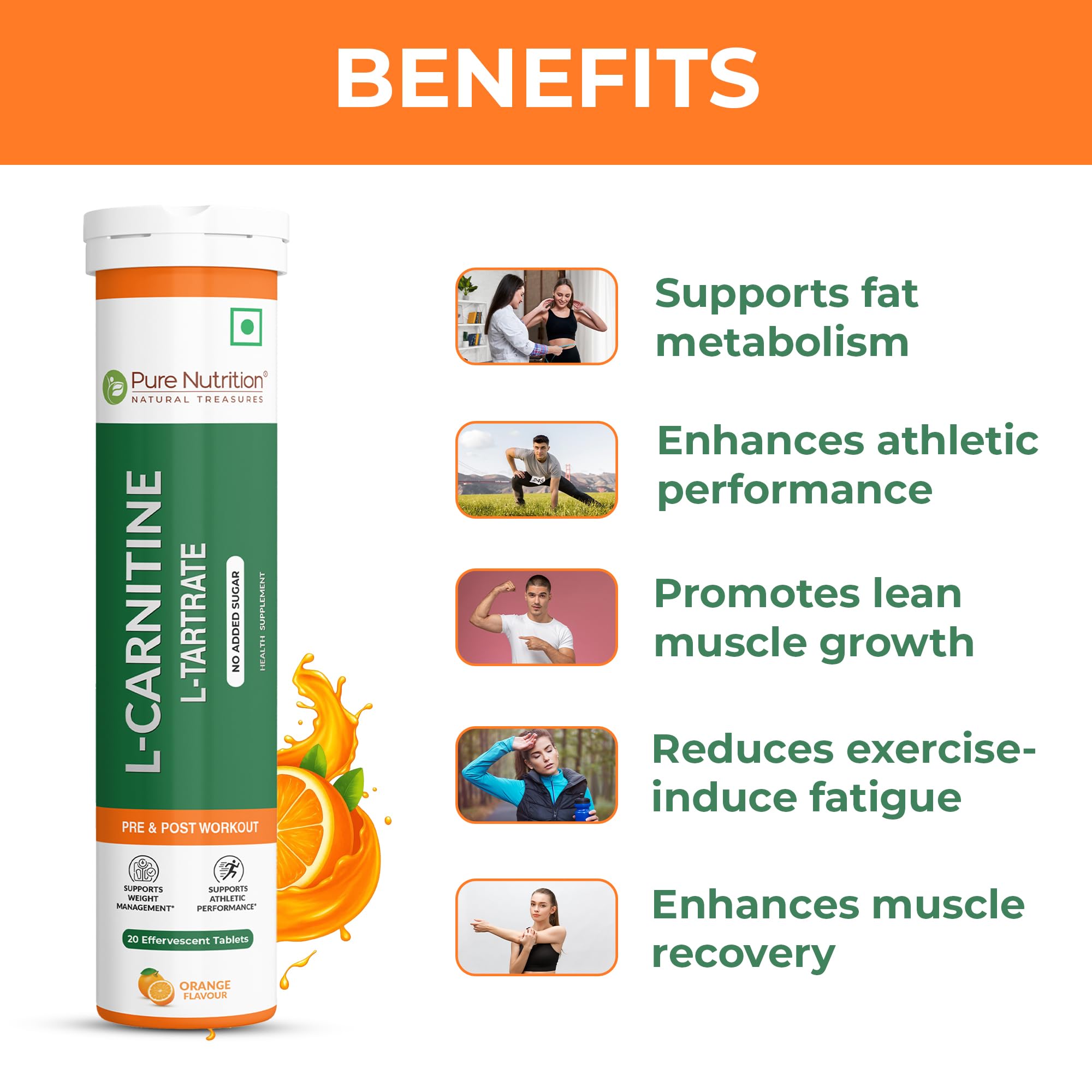 Buy Pure Nutrition L-Carnitine L-Tartrate 20 Effervescent Tablets (Orange Flavour) | Supplement for Pre & Post-Workout