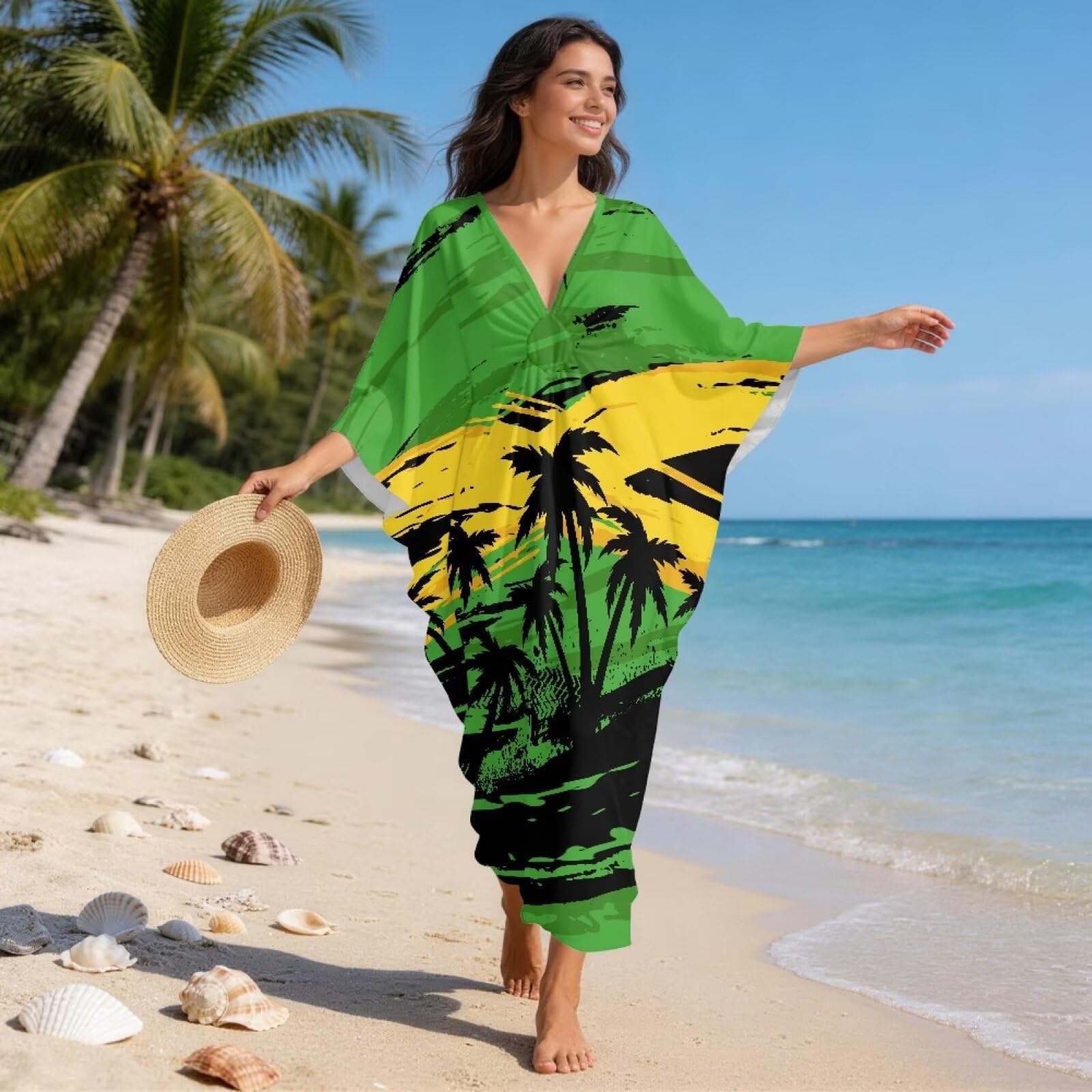 Xoenoiee Sukienki kaftan dla kobiet plus size dekolt w serek Moo Moos rękaw nietoperz kaftan sukienka plażowa okrycie