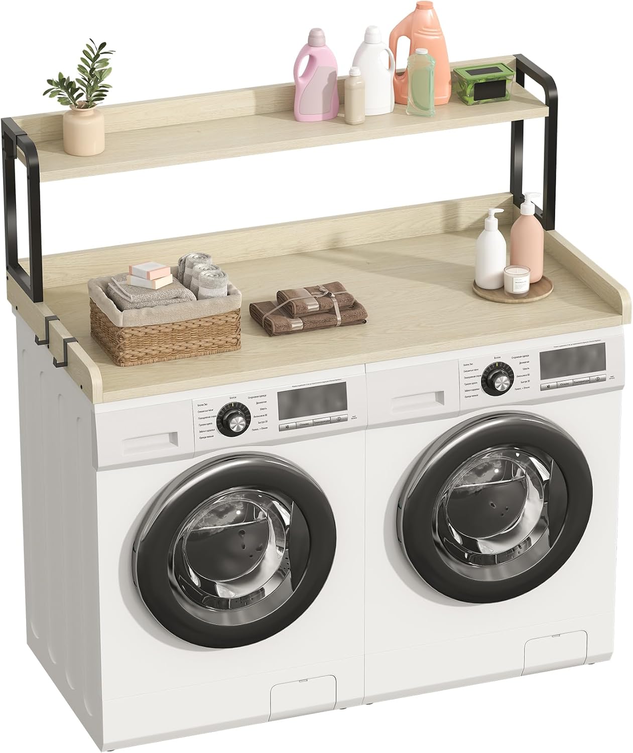 CBBPET 2-Tier Washer Dryer Countertop with 3.4"H Edge, 54" W x 27.6" D Laundry Countertop Over Washer and Dryer for Folding Clothes with 9 Non-Slip Pads & 3 Metal Hooks (Natrual Wood)