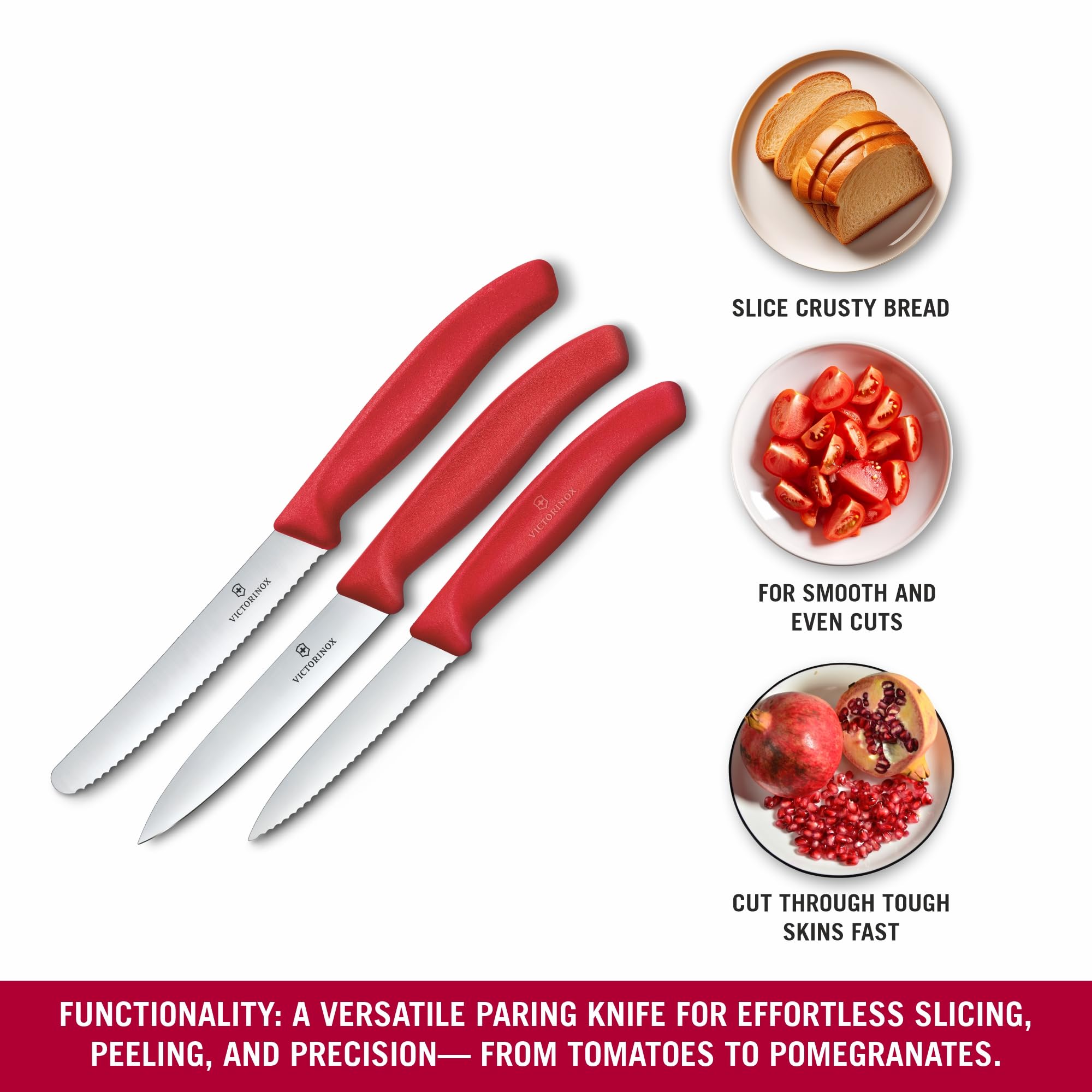 Set di coltelli da cucina Victorinox Swiss Classic, 3 pezzi, Coltello per verdure, pomodori e colazione, Manico in plastica robusta, Acciaio inossidabile, Rosso