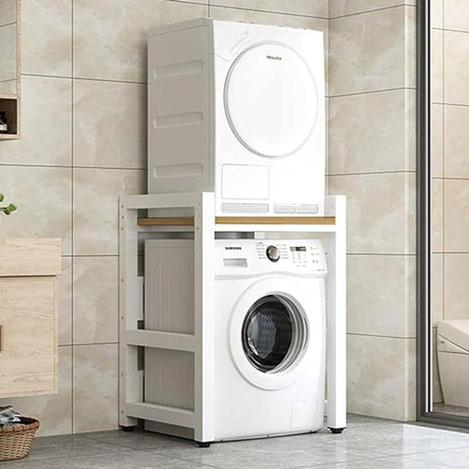 WMYYZYQ 2-Tier Height Adjustable Washer and Dryer Storage Rack, Drum Washing Machine Cabinet, Laundry Room Drying Rack Bathroom Large Storage Rack Organizer f,White Shelf + Shallow Walnut Board