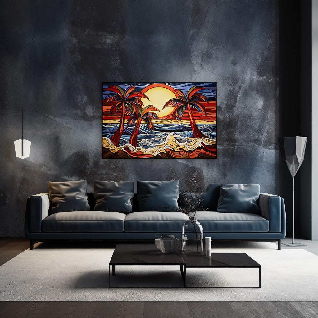 Canvas for Living room. Sunset Serenity: A Stained Glass Rhapsody of Beachside Bliss, 27 x 18 inch Canvas Wall Art - Contemporary Masterpieces - Modern Home Decor - 69x46 cm (27x18 inch)