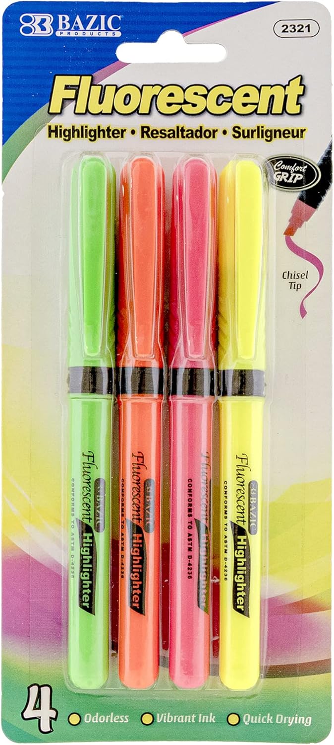 BAZIC Highlighter Pen Assorted Color, Soft Grip Chisel Tip Broad Fine Line
