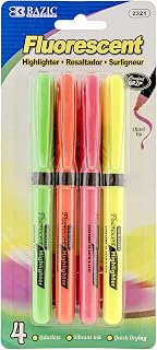 BAZIC Pen Style Fluorescent Highlighters w/Cushion Grip (4/Pack)