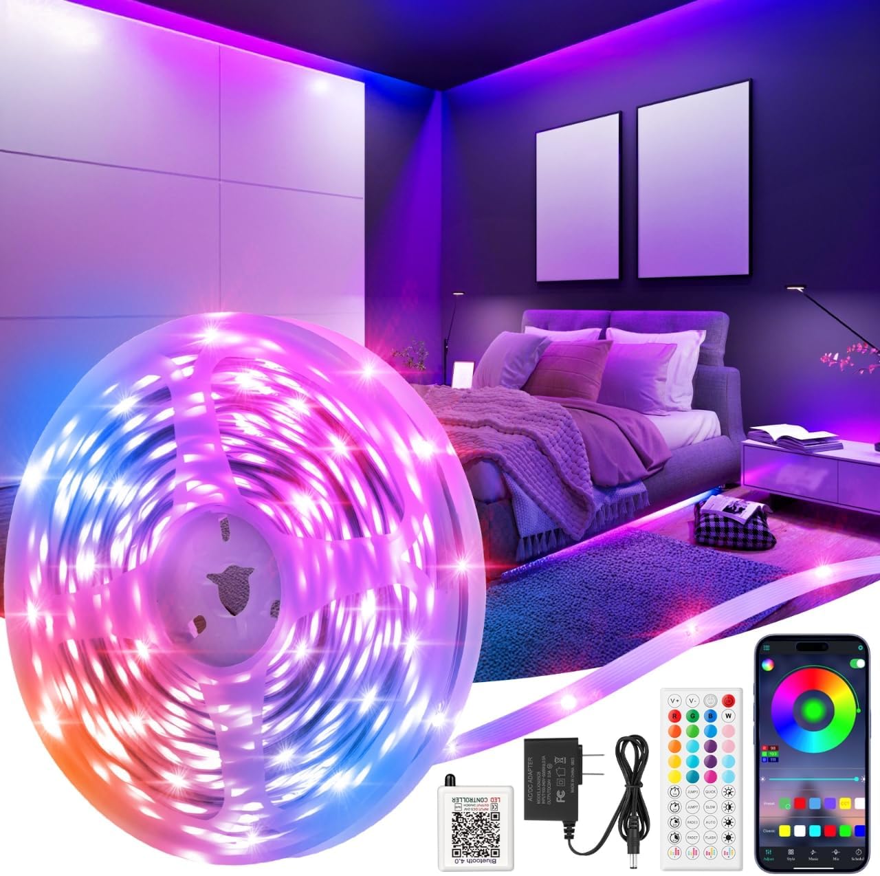 LED Strip Lights 50ft, 5050 RGB Color Changing Strip Lights for Bedroom with 24V Power Adapter, Dimmable LED Strip Lights with 44 Keys Remote for Birthday Party Christmas Decor