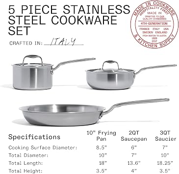 Made In Cookware - 5 Pc Stainless Steel Cookware Set - 5 Ply Clad - Includes Stainless Steel Frying Pan, Saucepan and Saucier with Lid - Professional Cookware - Crafted in Italy