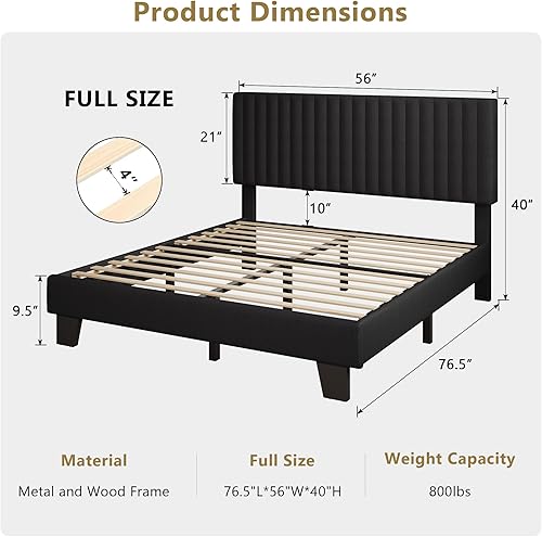 Miniatura 2 de iPormis Base de cama de tamaño matrimonial, cama tapizada con cabecera vertical de lino, patas anchas y soporte de listones de madera fuerte, no